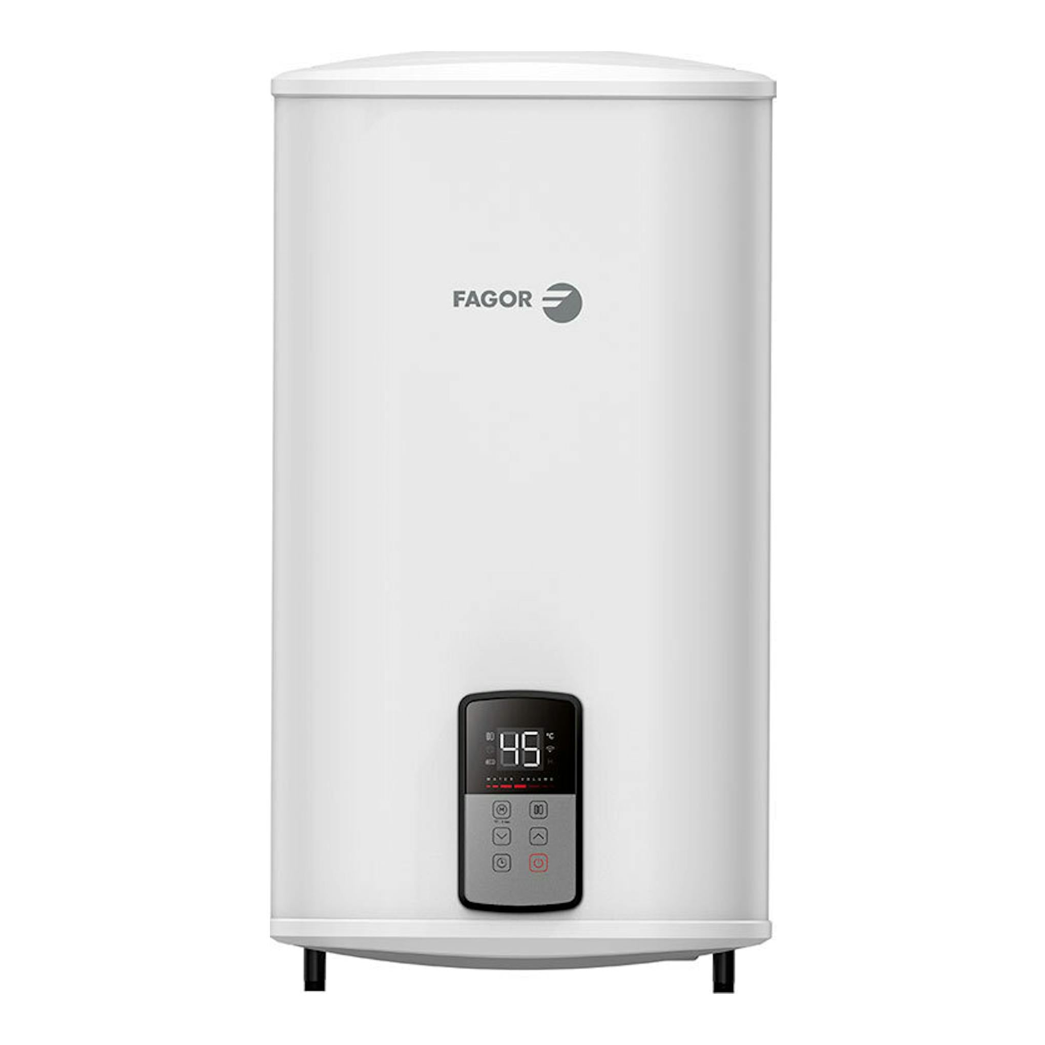 Termo eléctrico Fagor blanco, vista frontal, con panel digital en la parte inferior.