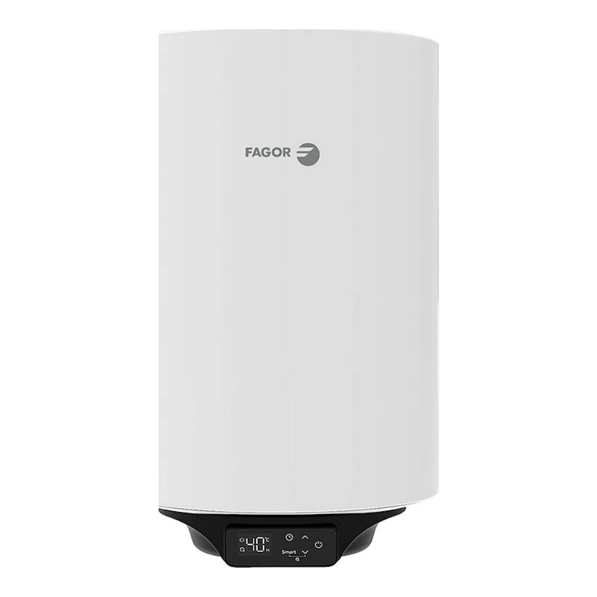 Termo vertical Fagor RD-50 W eco blanco, vista frontal, con panel digital inferior negro.