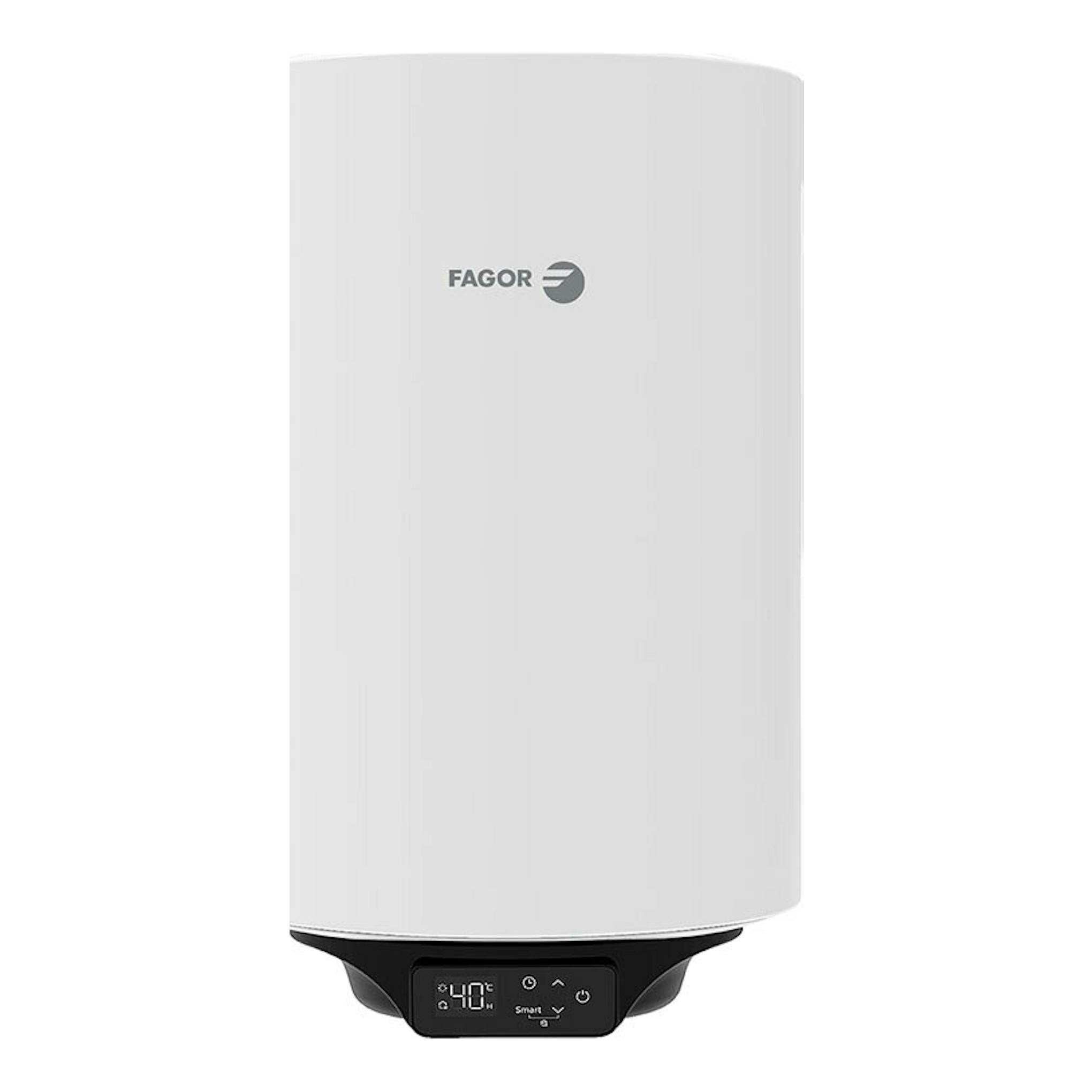 Termo eléctrico Fagor RD-80 W Eco blanco, vista frontal, con panel digital negro inferior.