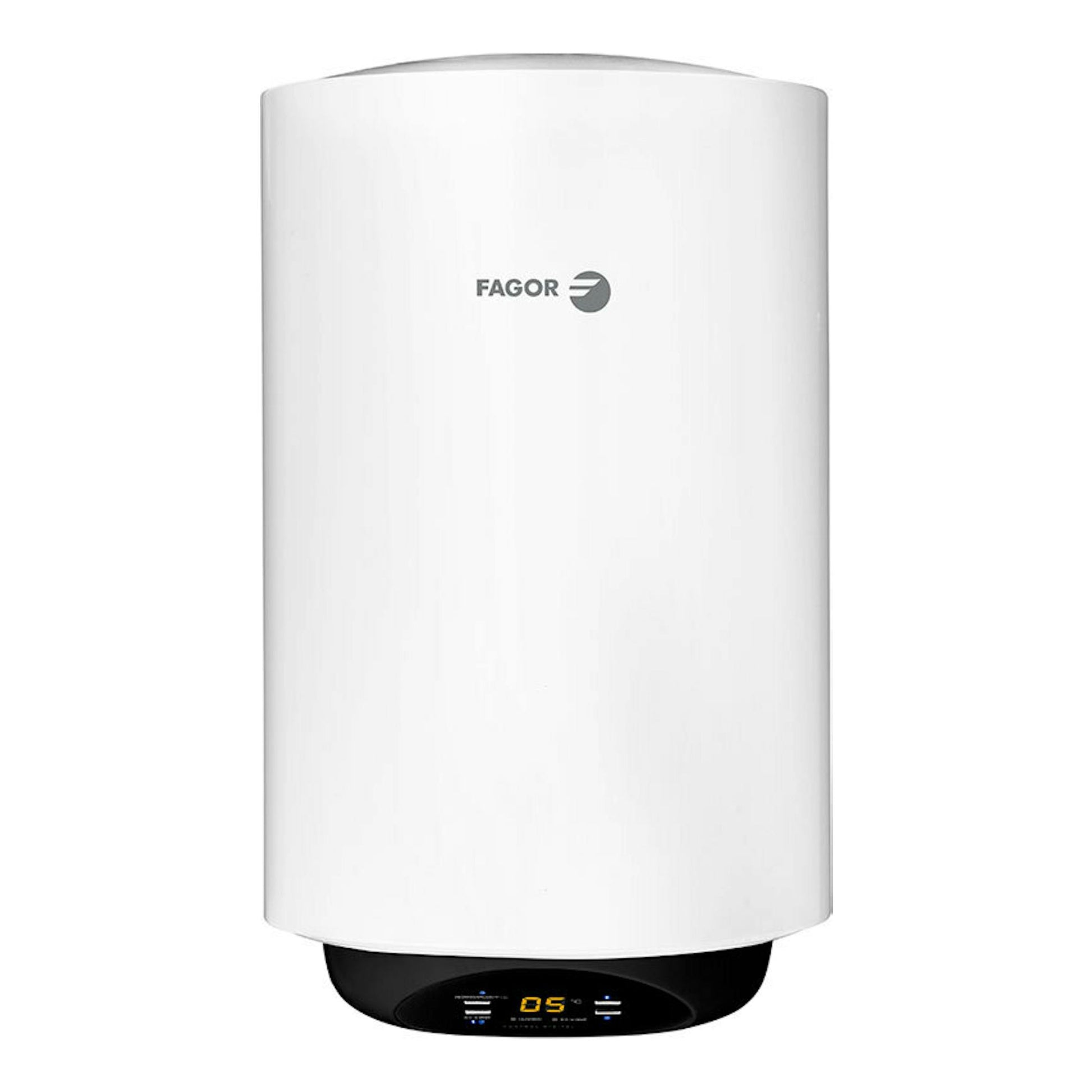 Termo Fagor SLIM 80 D eco blanco, vista frontal, con panel digital negro en la parte inferior.