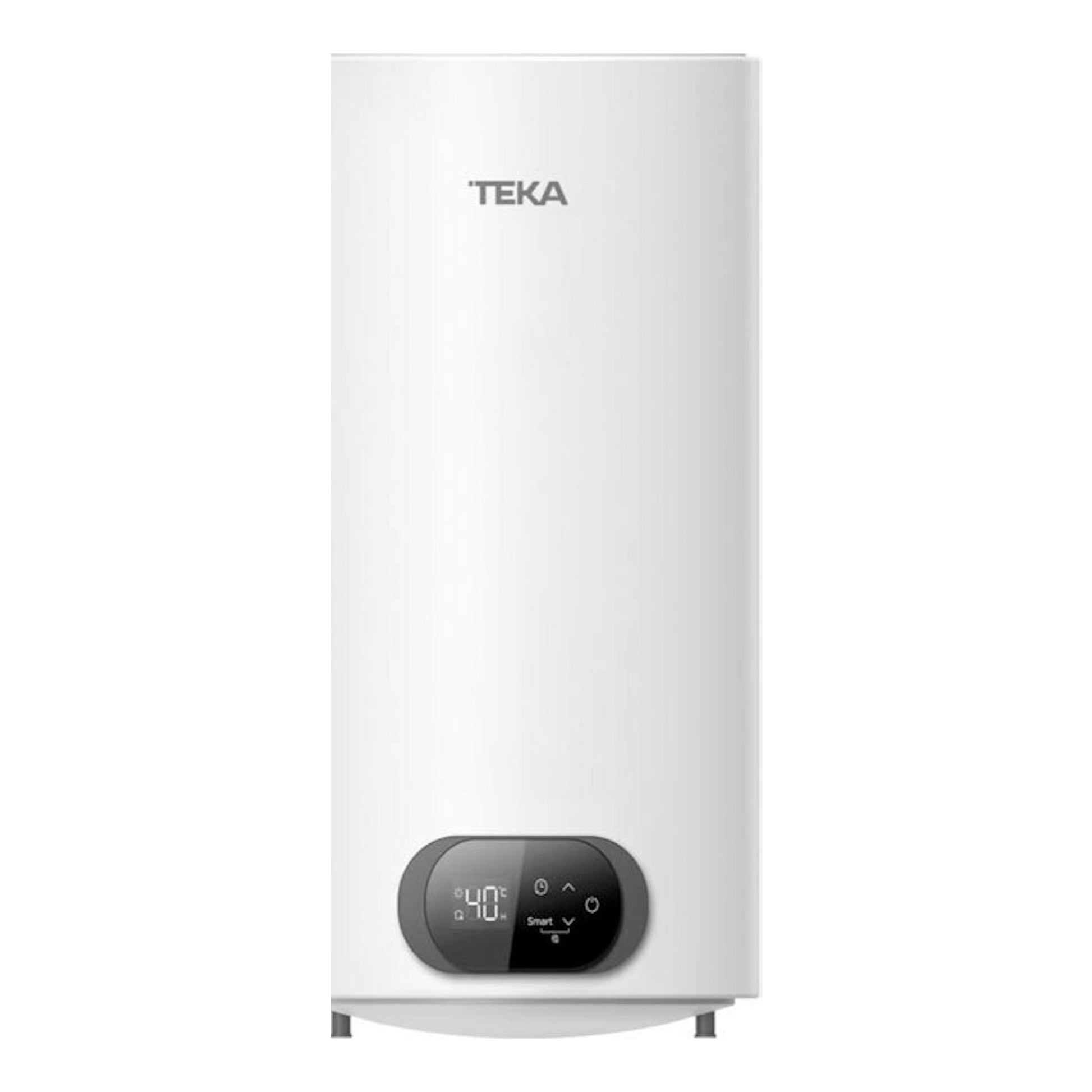 Termo eléctrico Teka AQUA50 blanco, vista frontal, con panel digital en la parte inferior.