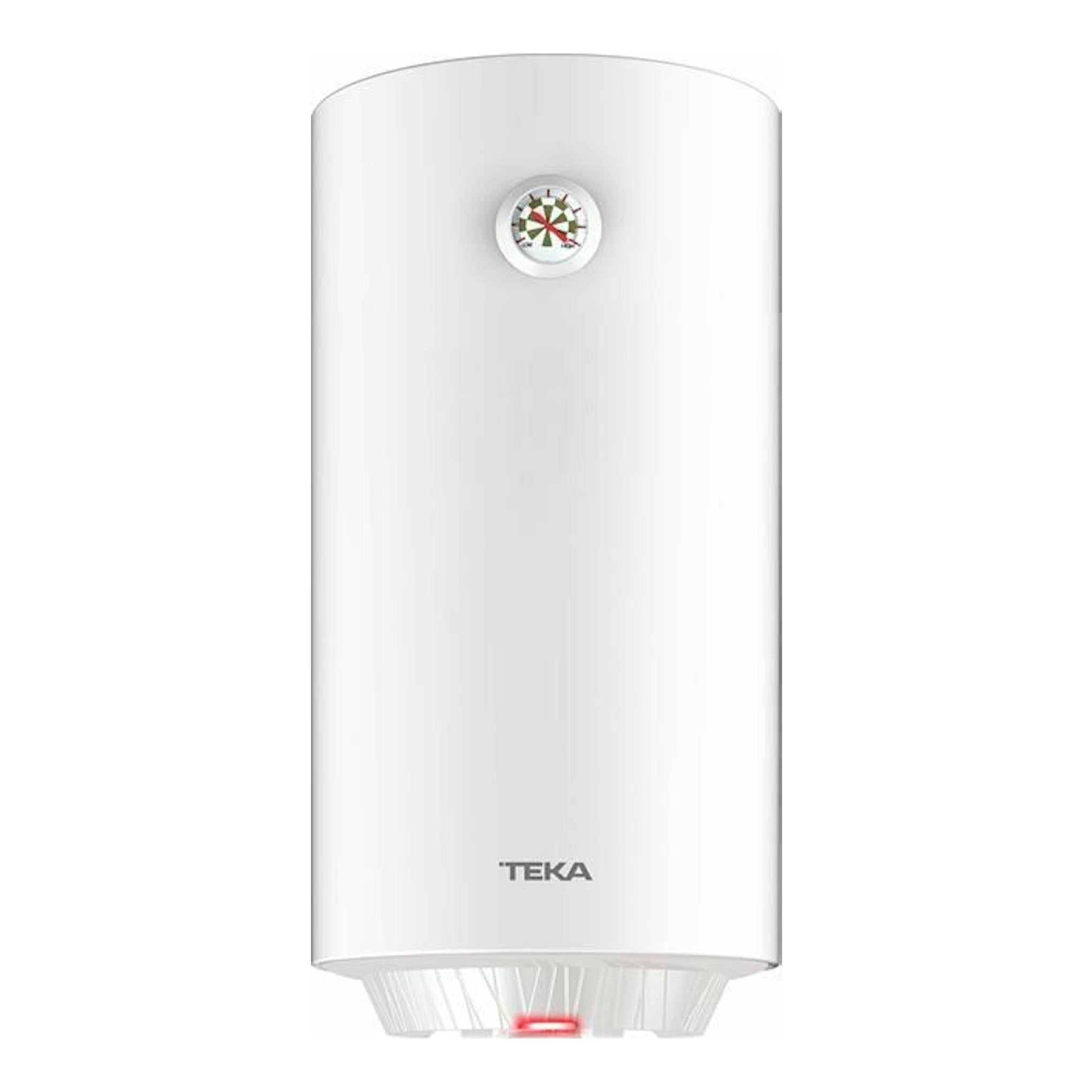 Termo eléctrico Teka EWH100C blanco, vista frontal, con indicador circular en la parte superior.