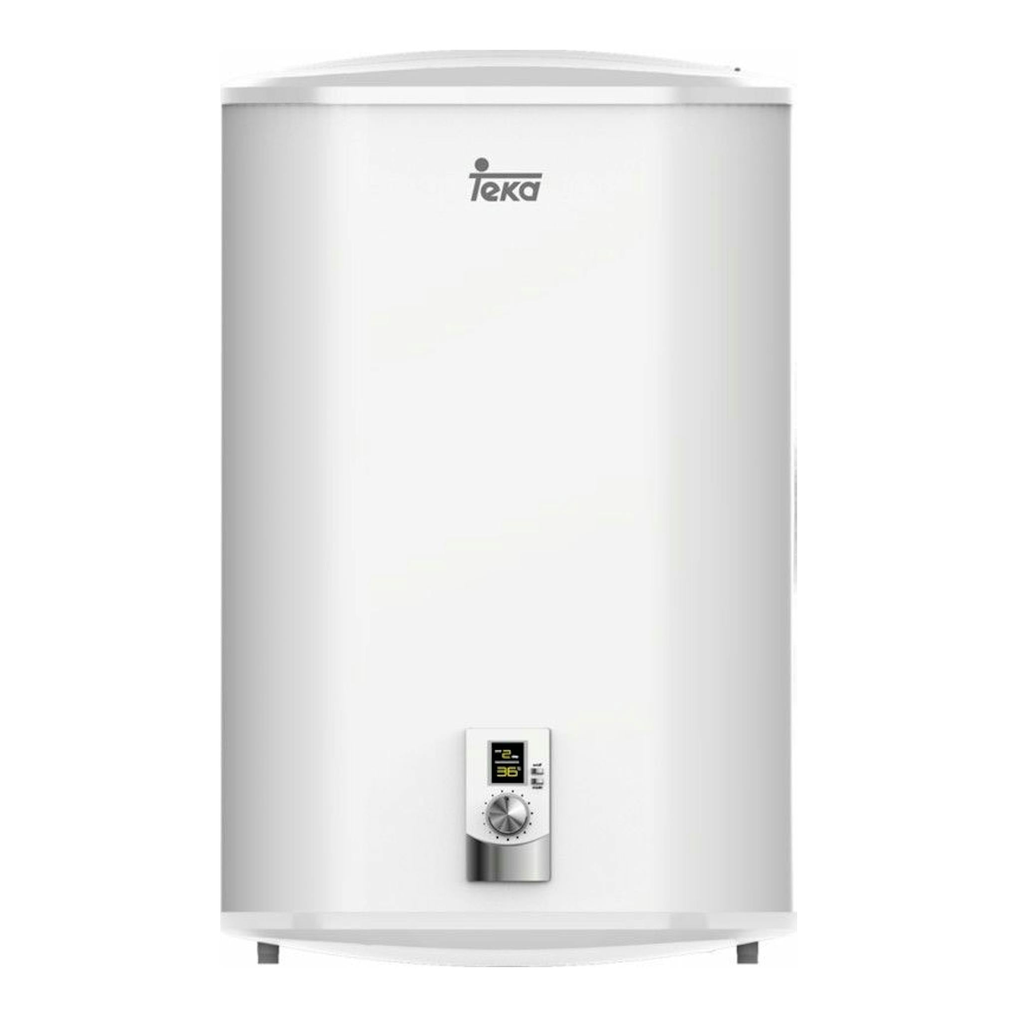 Termo eléctrico Teka EWH50D Slim blanco, vista frontal, con panel de control digital en la parte inferior.