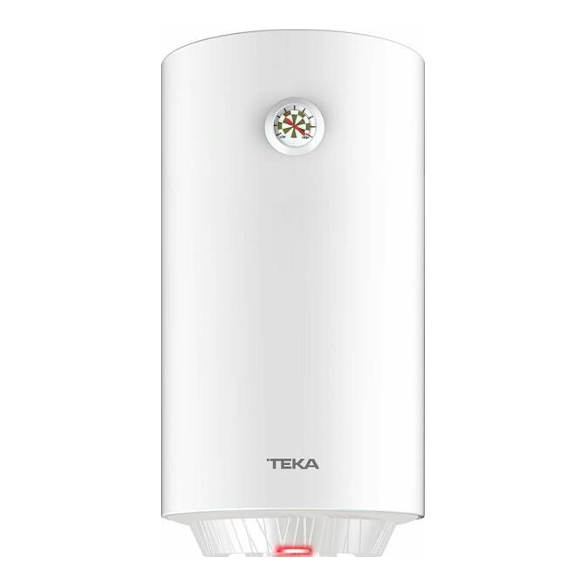 Termo eléctrico Teka EWH80C blanco, vista frontal, con indicador circular y logotipo TEKA.