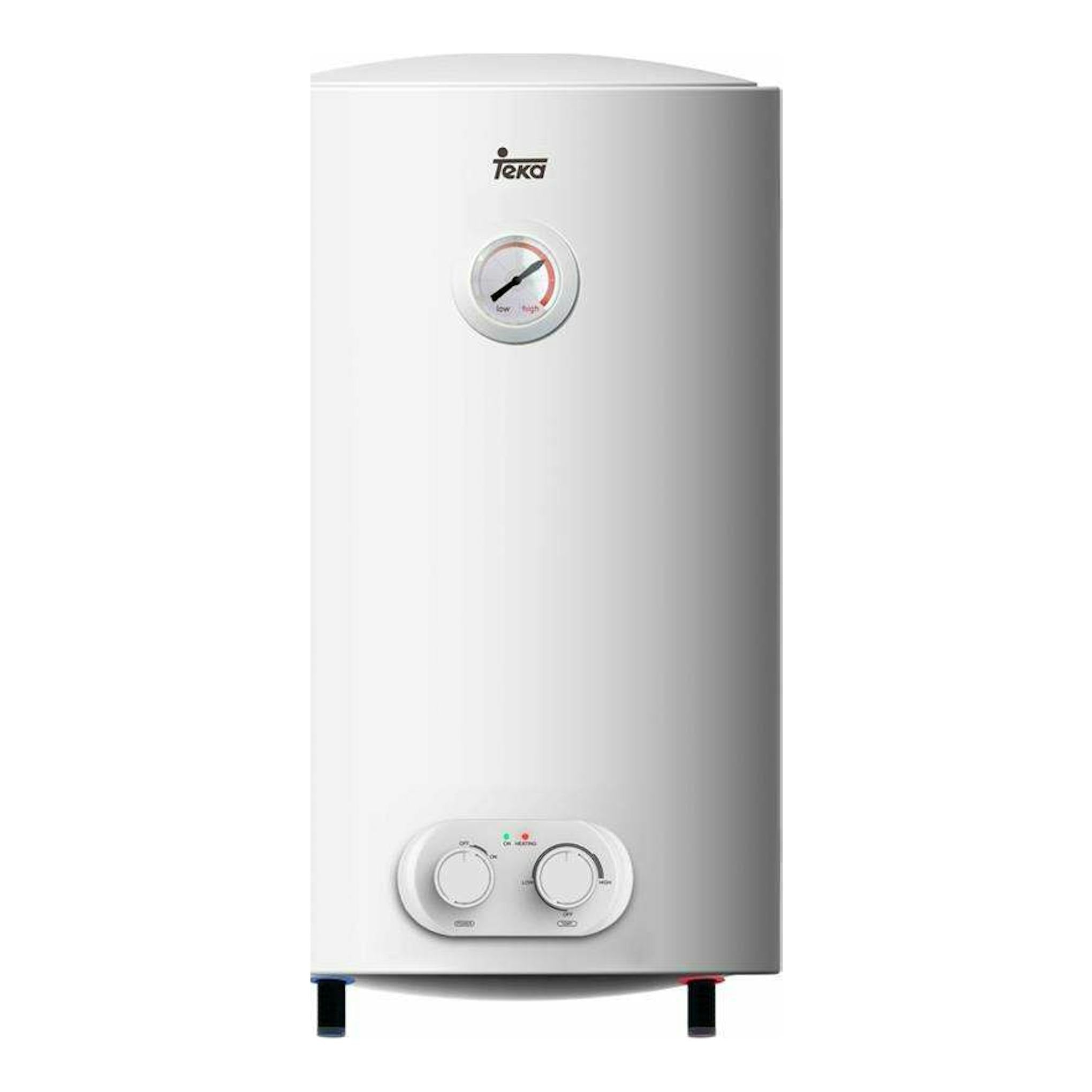 Termo Teka EWH80H blanco, vista frontal, con indicador circular y dos mandos inferiores.