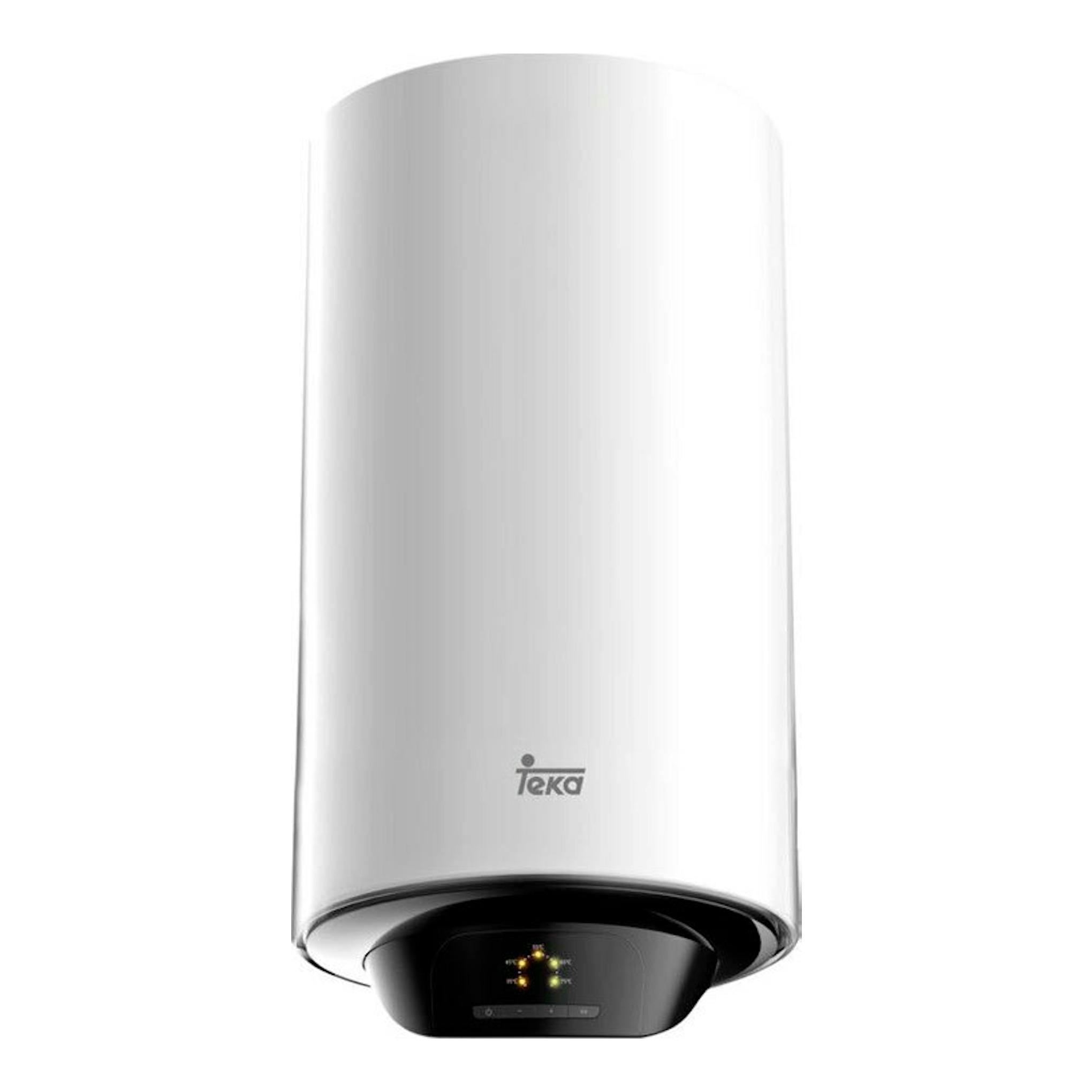 Teka SMART EWH100VE-D, termo eléctrico cilíndrico blanco en vista frontal, con panel negro inferior.