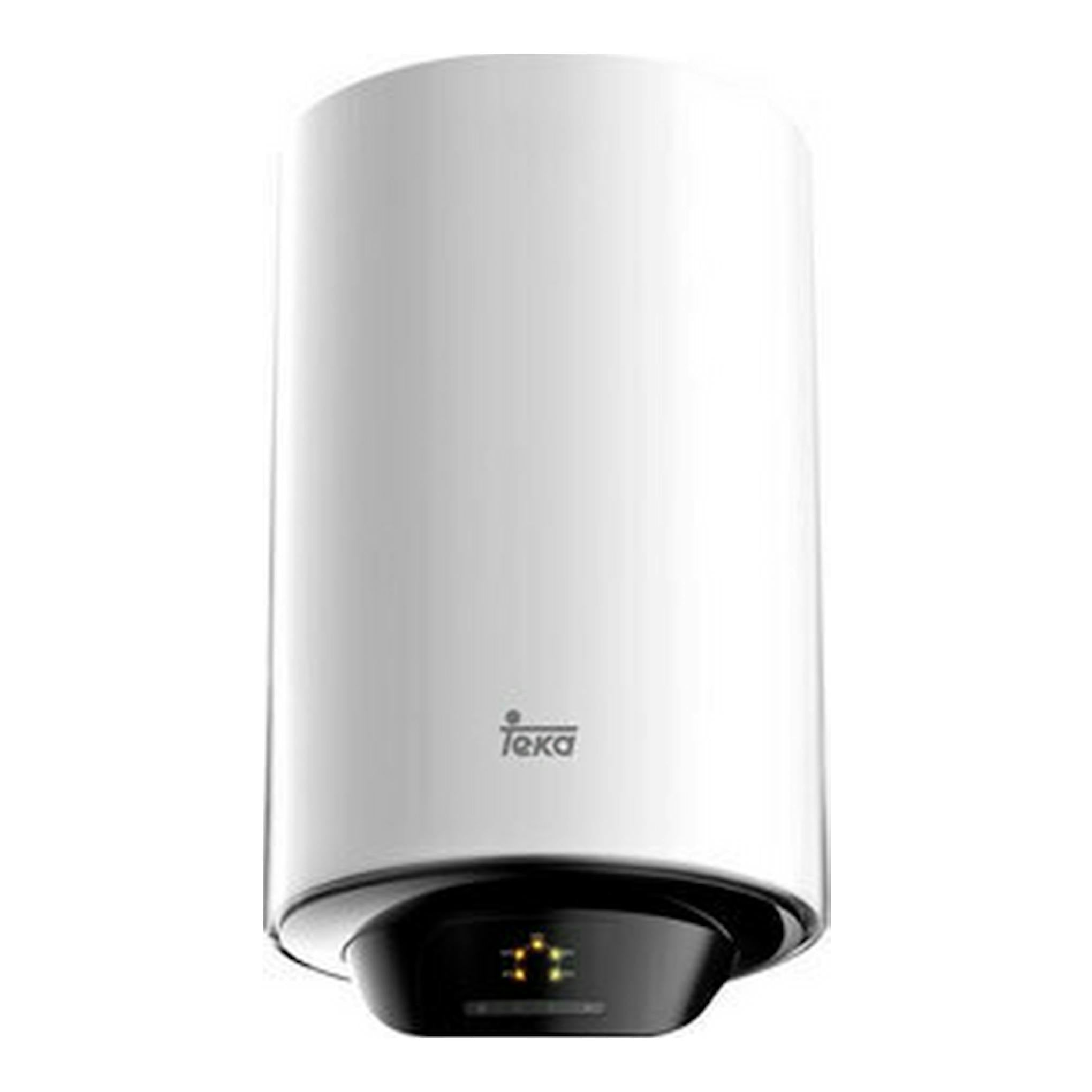 Termo eléctrico Teka SMART EWH80VE-D blanco, vista frontal, con panel negro en la parte inferior.