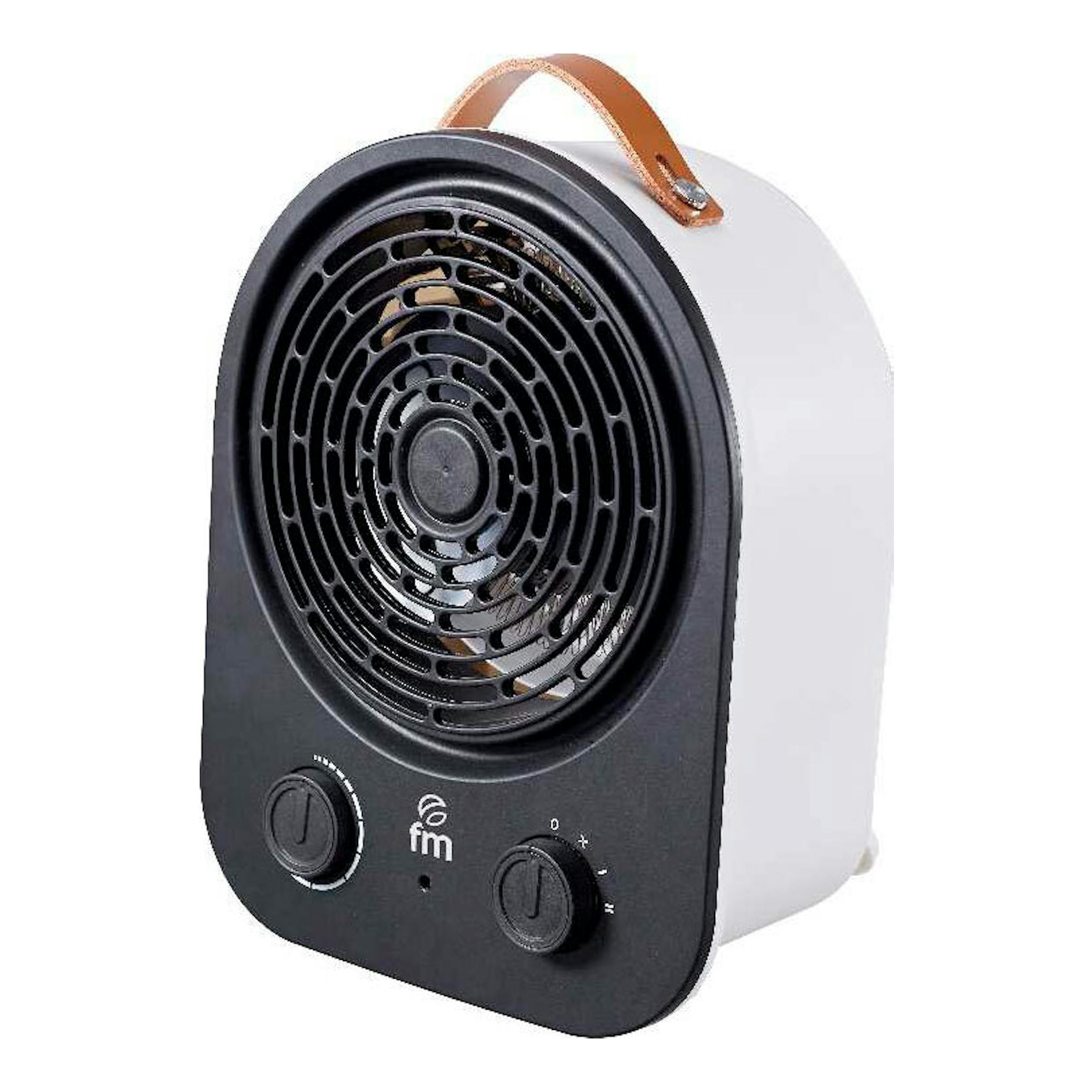 Termoventilador FM TH22 blanco y negro, vista frontal en ángulo, con dos mandos y asa superior.