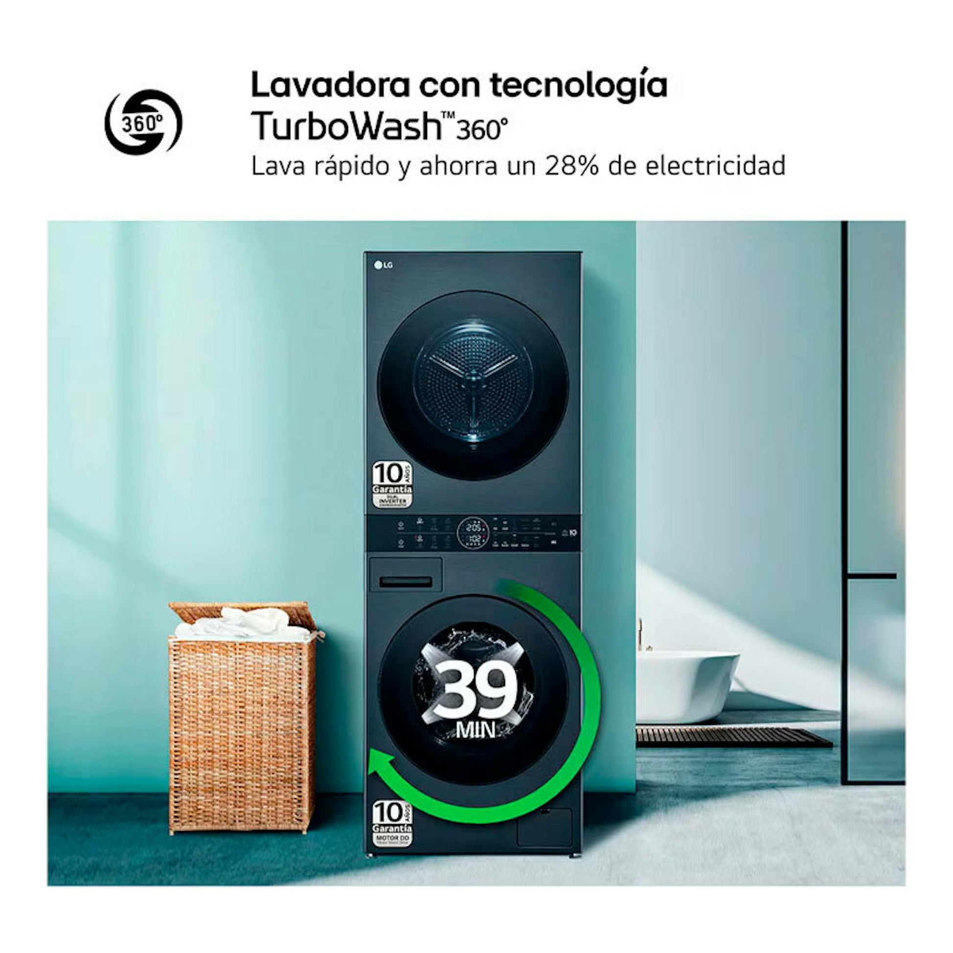Torre de lavado LG WT1210BBF negro grafito, vista frontal, con dos tambores y panel central.