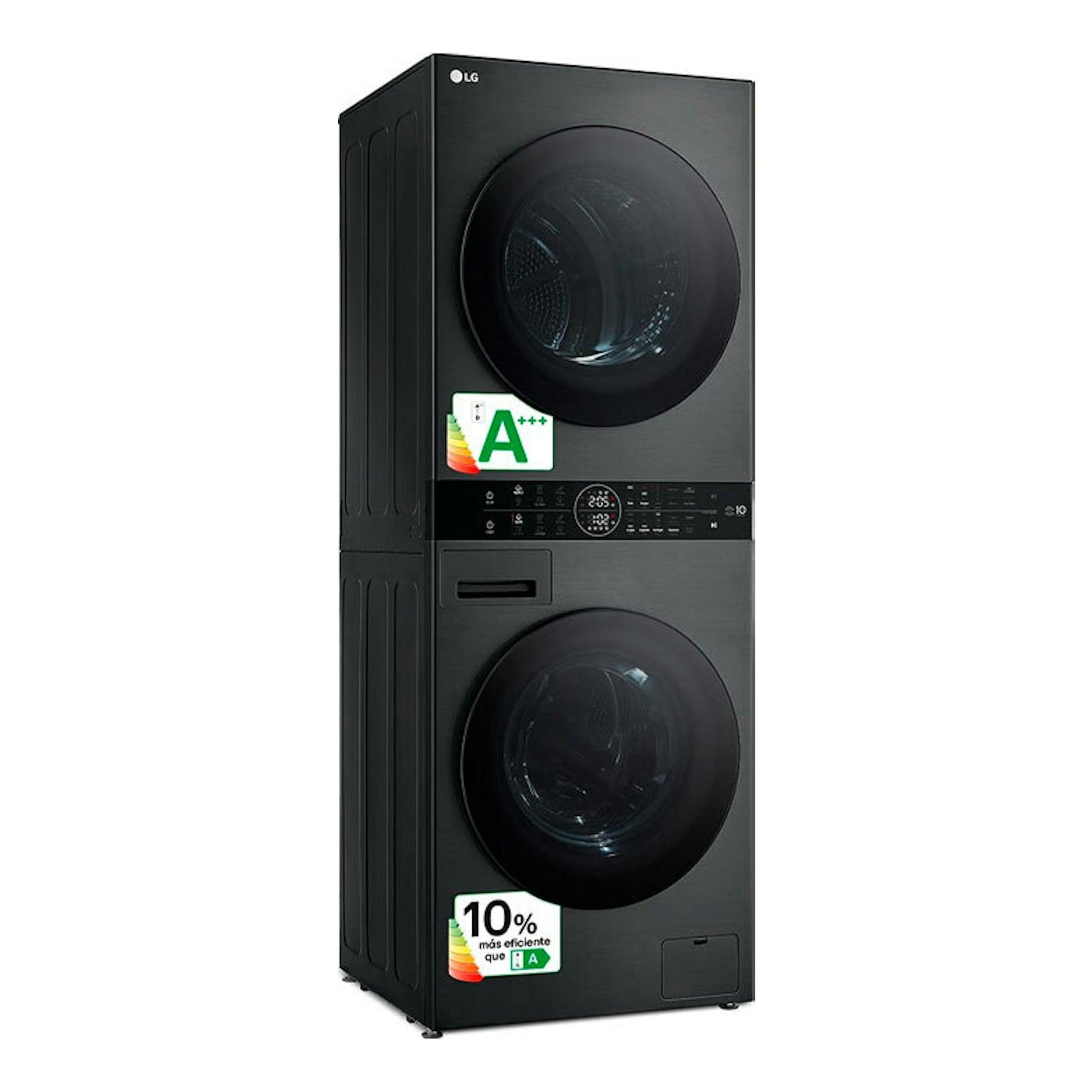 Torre de lavado LG WT1210BBF negra grafito, vista frontal, con dos puertas circulares apiladas.