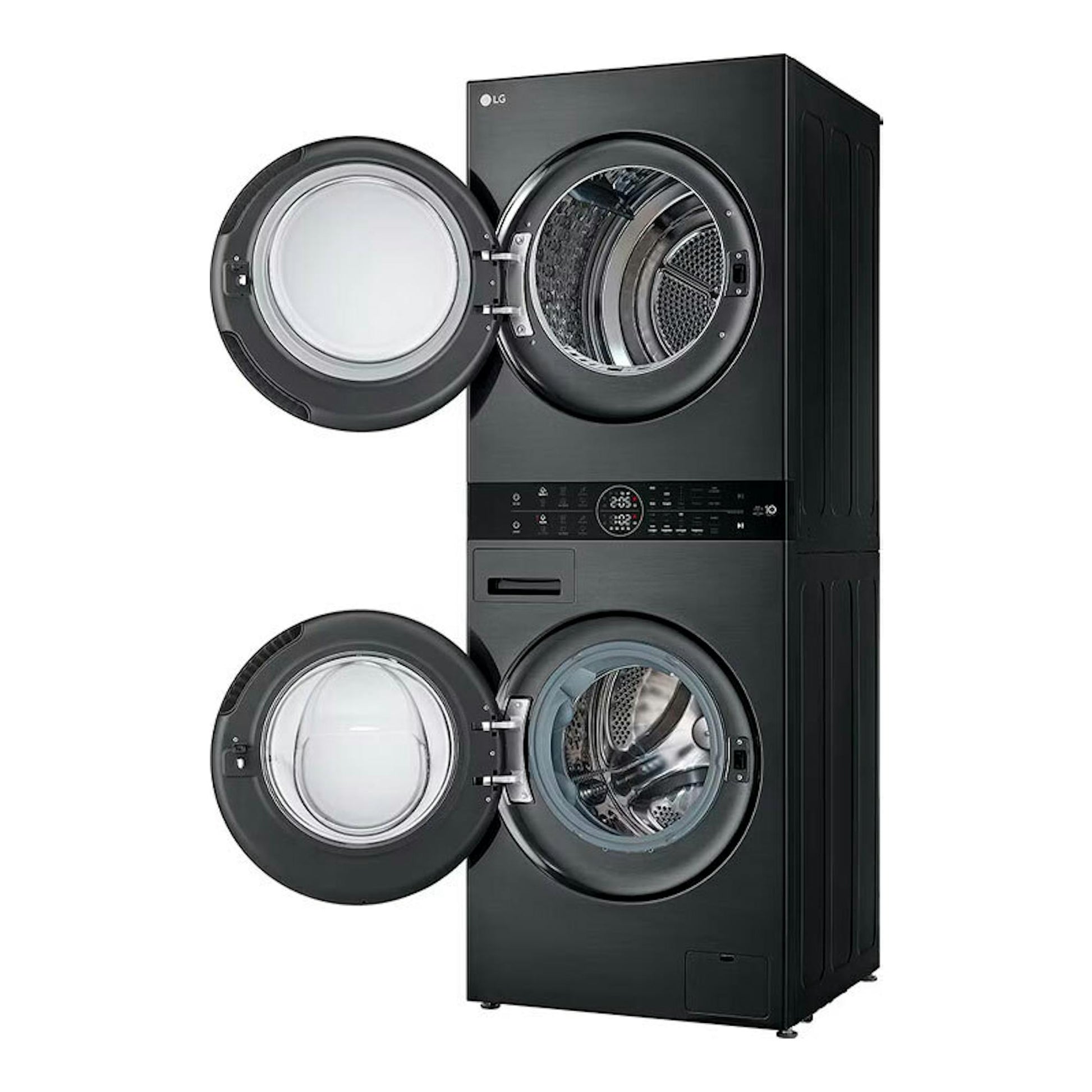 Torre de lavado LG WT1210BBF negro grafito, vista frontal en ángulo, con dos puertas frontales abiertas.