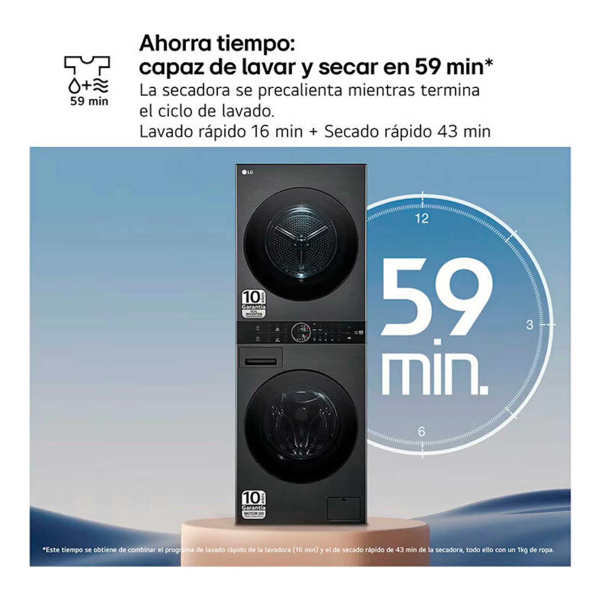 Torre de lavado LG WT1210BBF negro grafito, vista frontal apilada, con pantalla de 59 min.