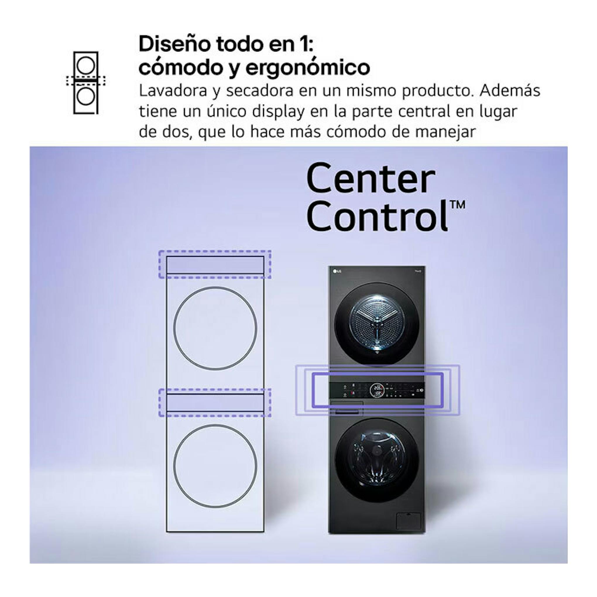 Torre de lavado LG WT1210BBF en negro grafito, vista frontal, con lavadora y secadora apiladas y panel central.