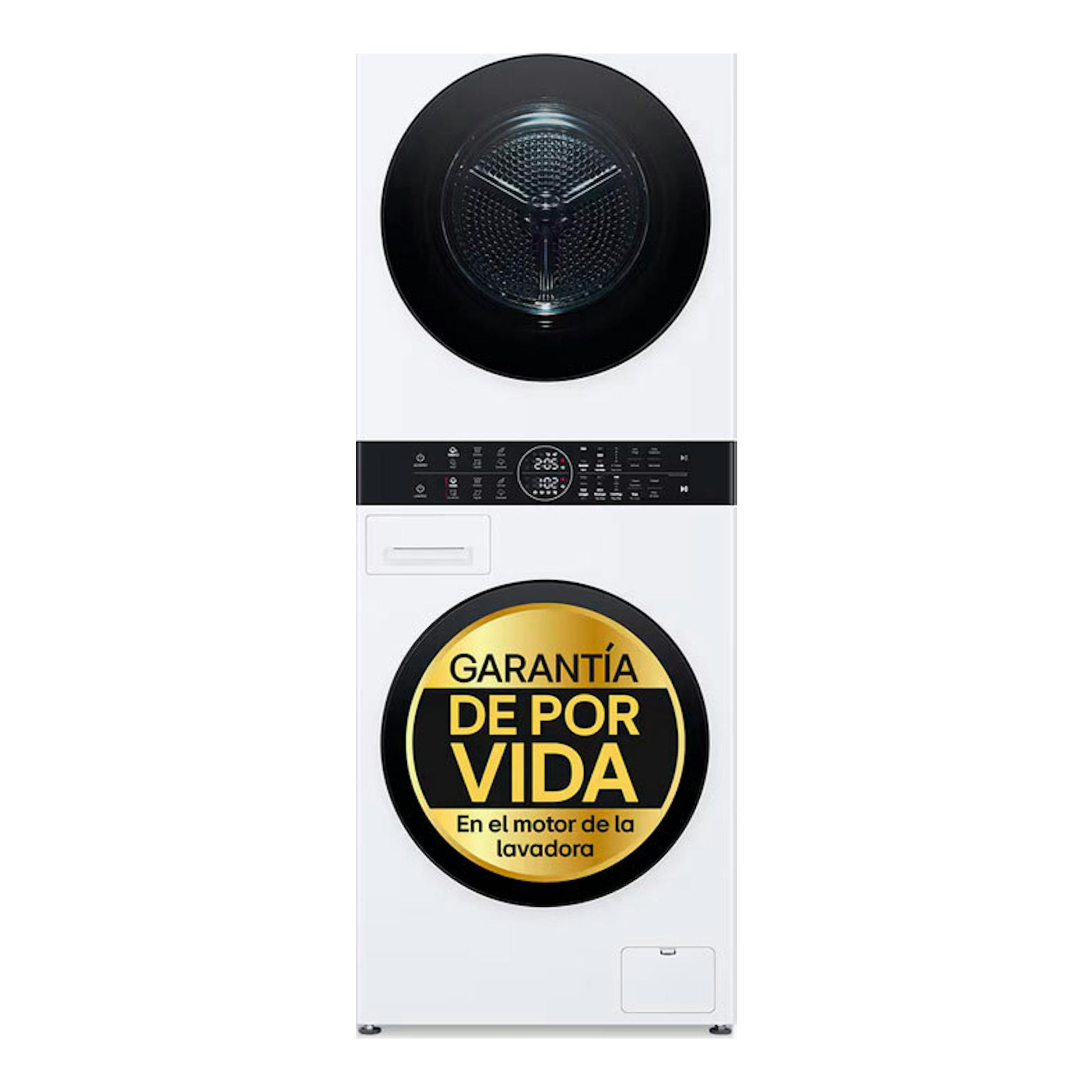 Torre de lavado LG WT1210WWF blanca, vista frontal, con puerta circular negra y panel de control central.