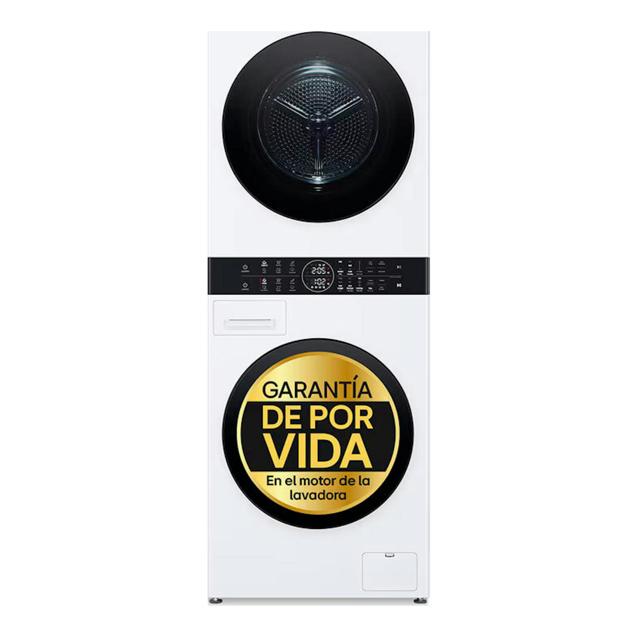 Torre de lavado LG WT1210WWF blanca, vista frontal, con puerta circular negra y panel de control central.