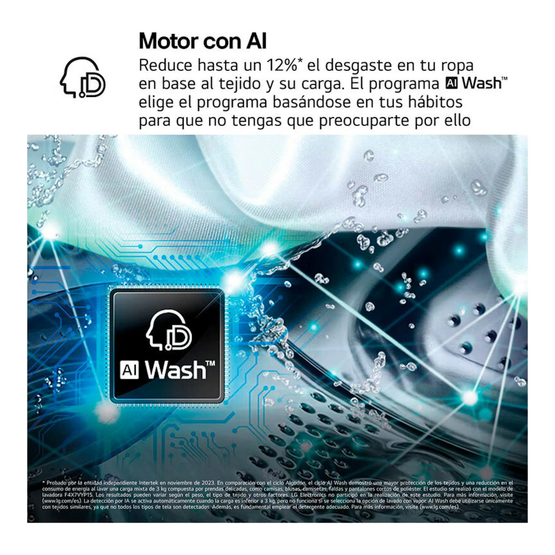 Imagen promocional frontal de LG AI Wash, con chip negro y tambor de lavadora azul.