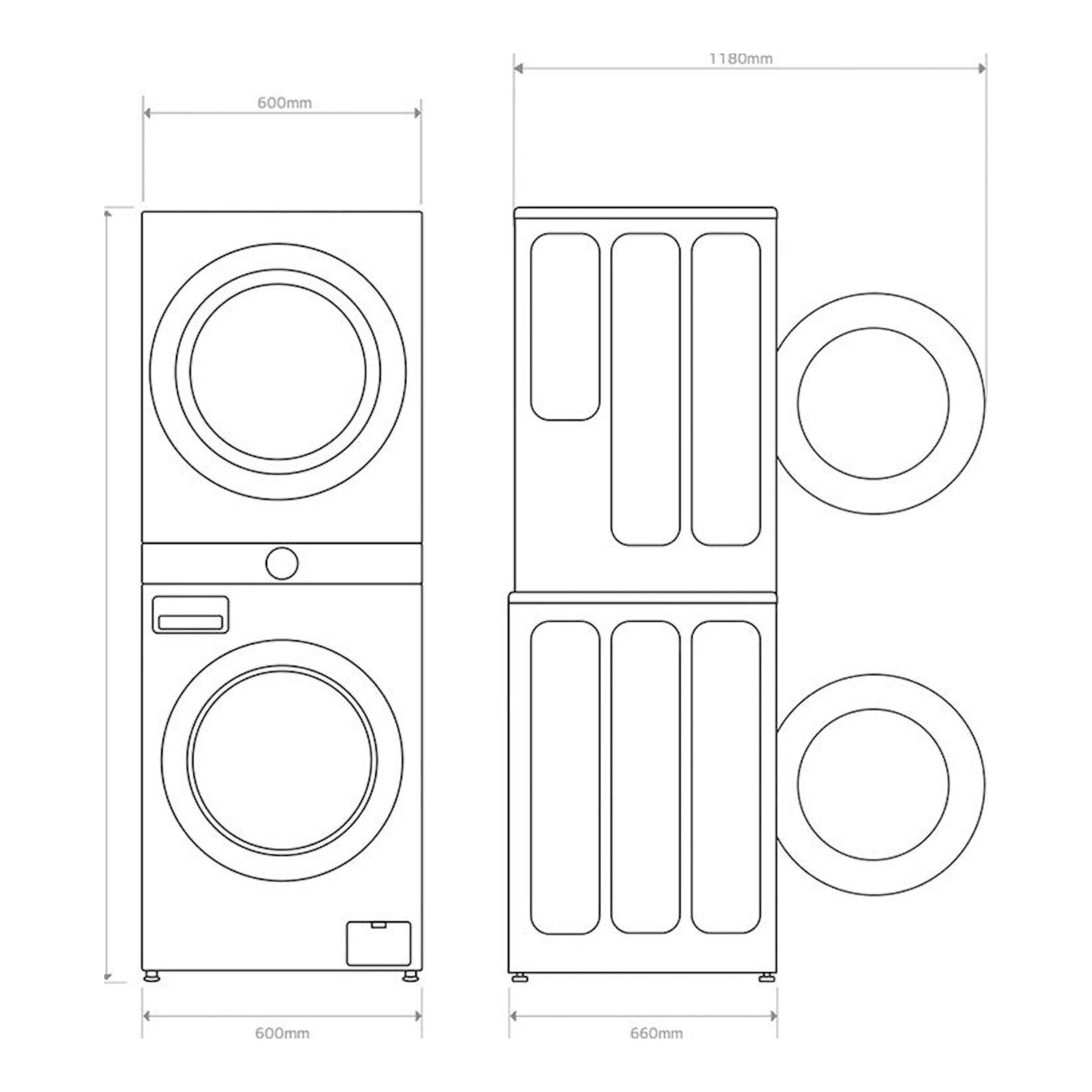 LG WT1210WWF: dibujo técnico de torre de lavado apilada, vista frontal y lateral, con medidas en mm.
