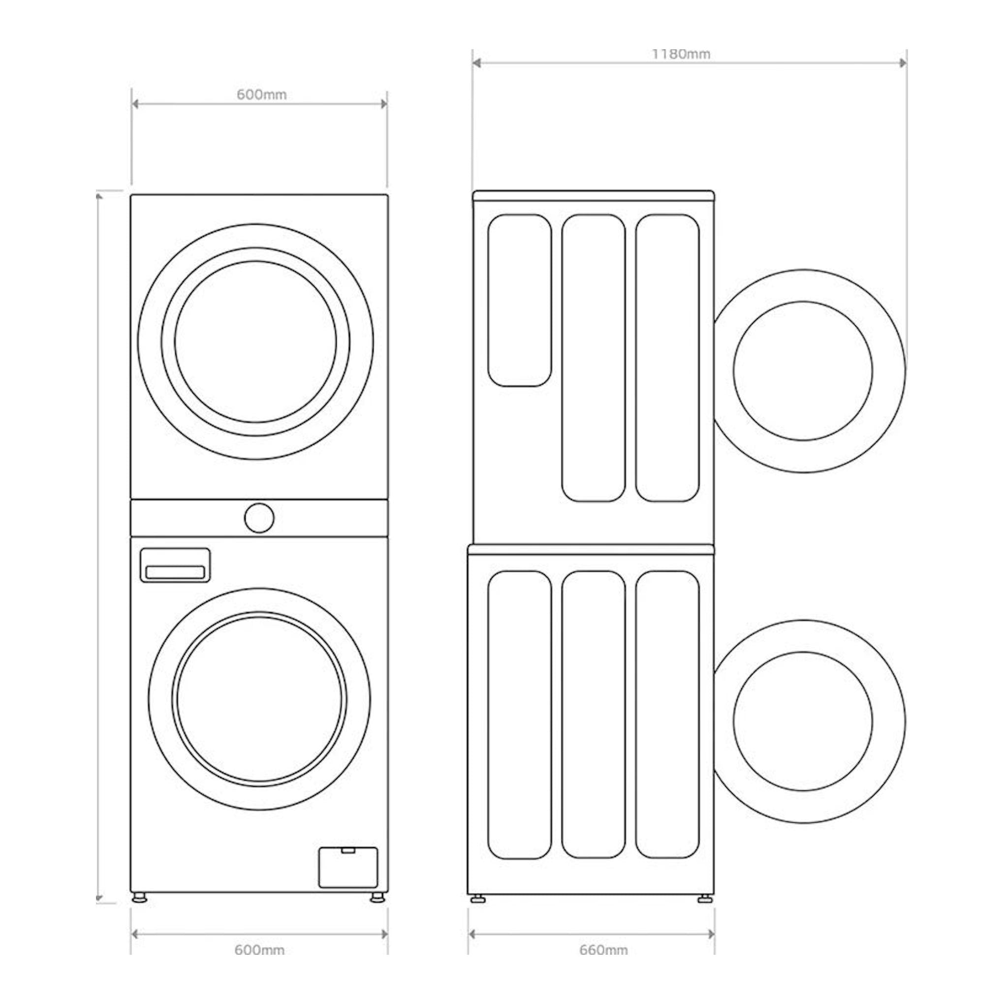 LG WT1210WWF: dibujo técnico de torre de lavado apilada, vista frontal y lateral, con medidas en mm.