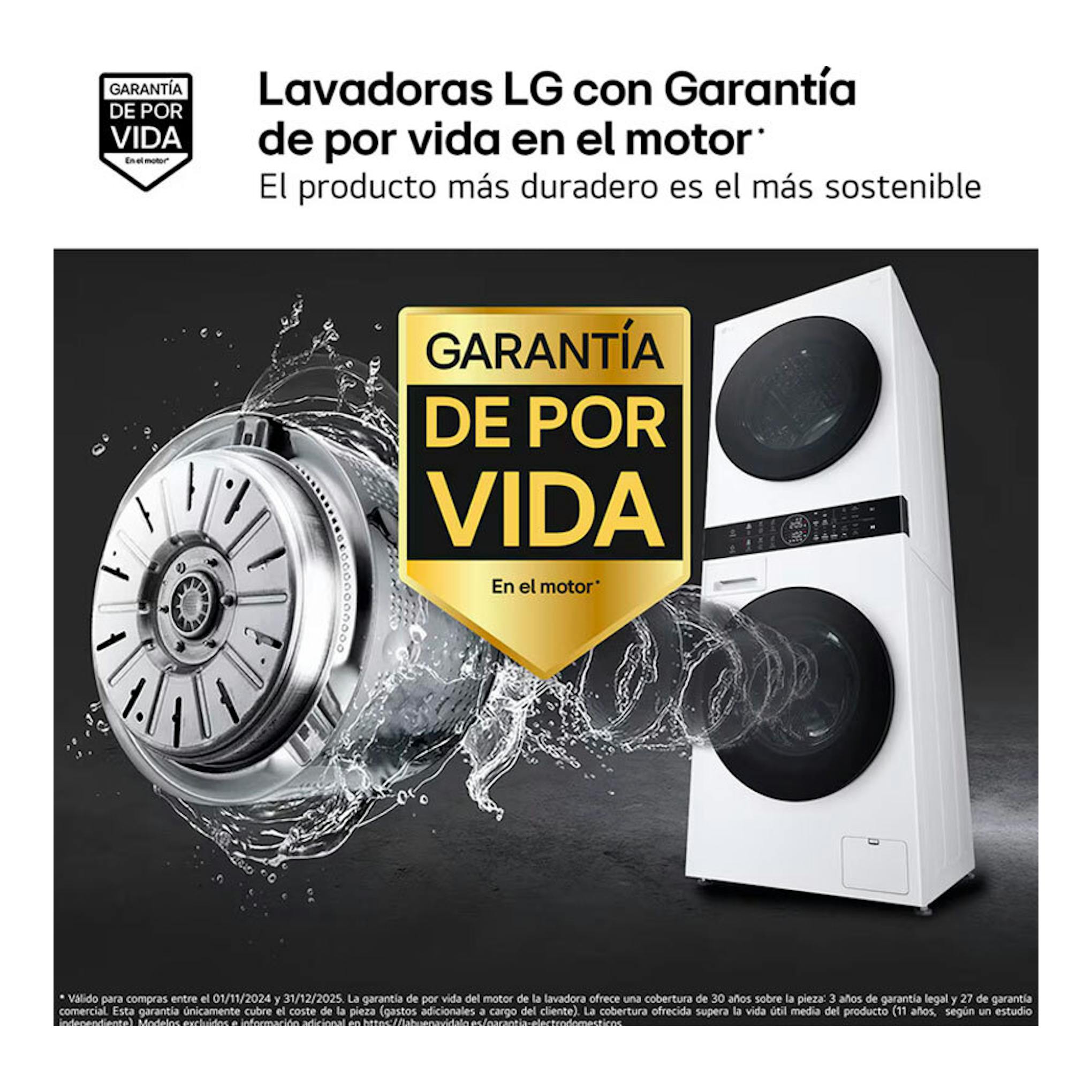 Torre de lavado LG WT1210WWF blanca, vista frontal en ángulo, con lavadora y secadora apiladas.