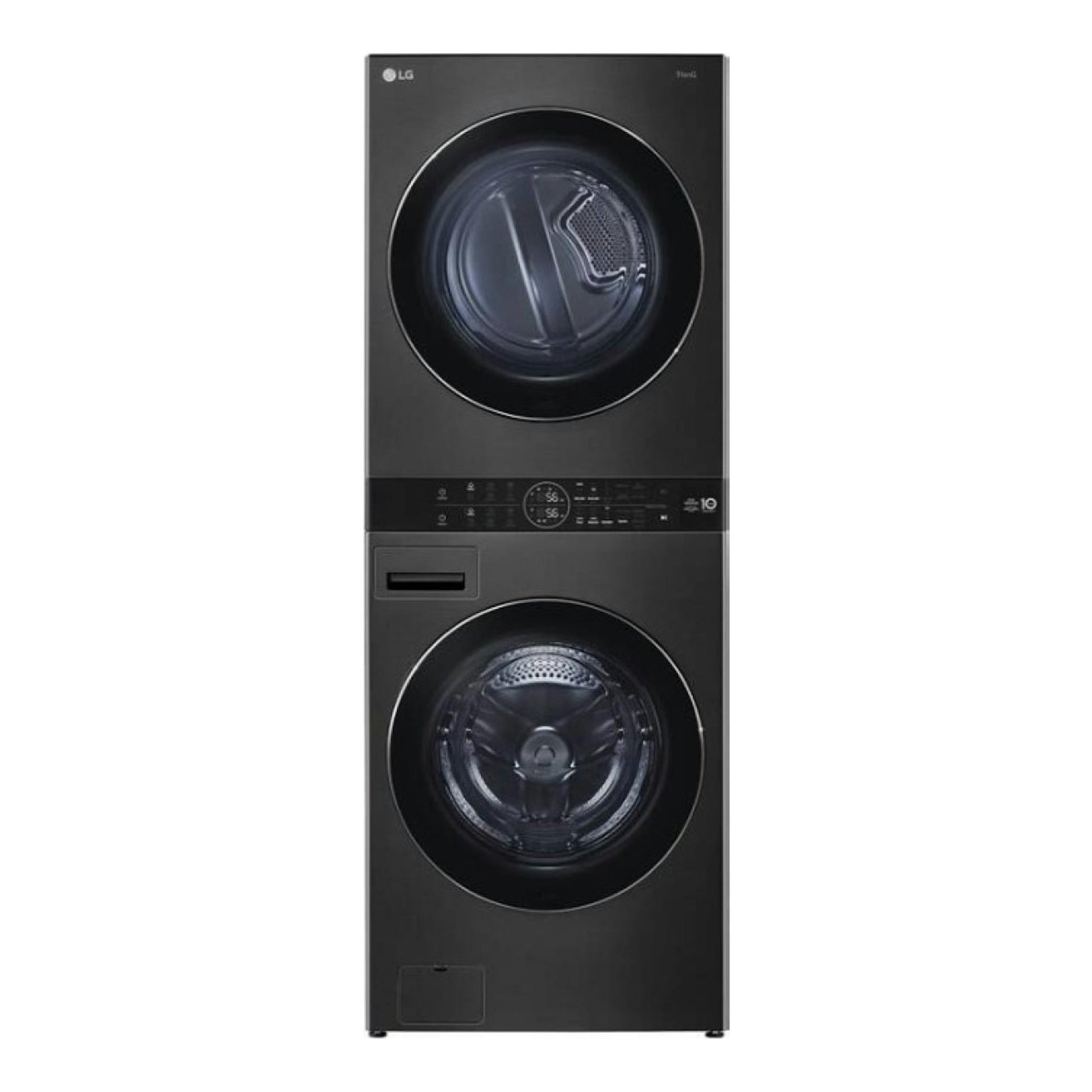 Torre de lavado y secado LG WT1716BBF negra, vista frontal, con dos puertas circulares apiladas.