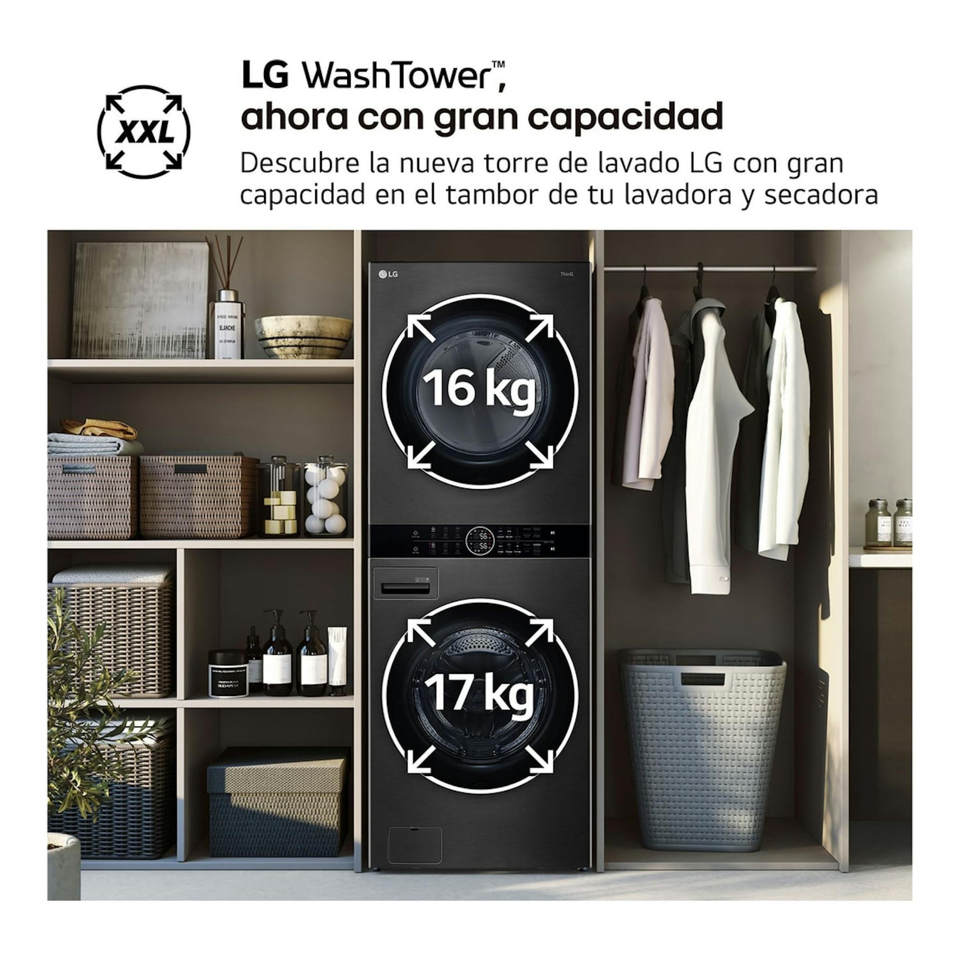 LG WT1716BBF WashTower negra, vista frontal, con lavadora de 17 kg y secadora de 16 kg.