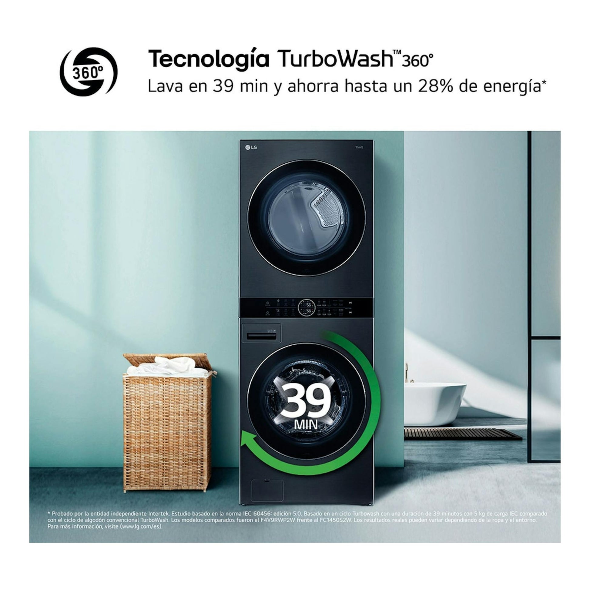 Torre LG WT1716BBF negra, vista frontal, con dos puertas circulares y texto TurboWash 360°