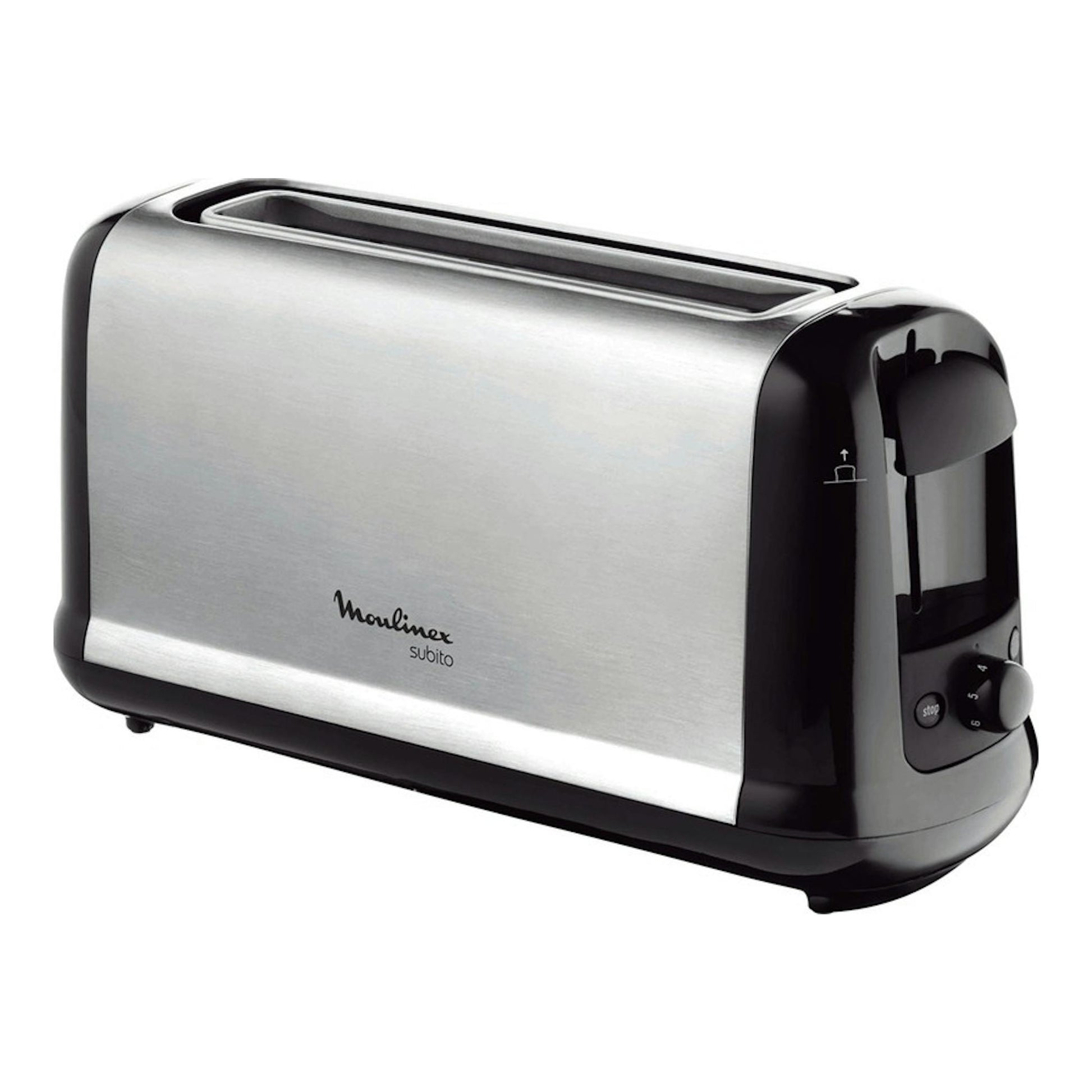 Tostador Moulinex Subito de una ranura larga, acero inoxidable y negro, vista lateral.