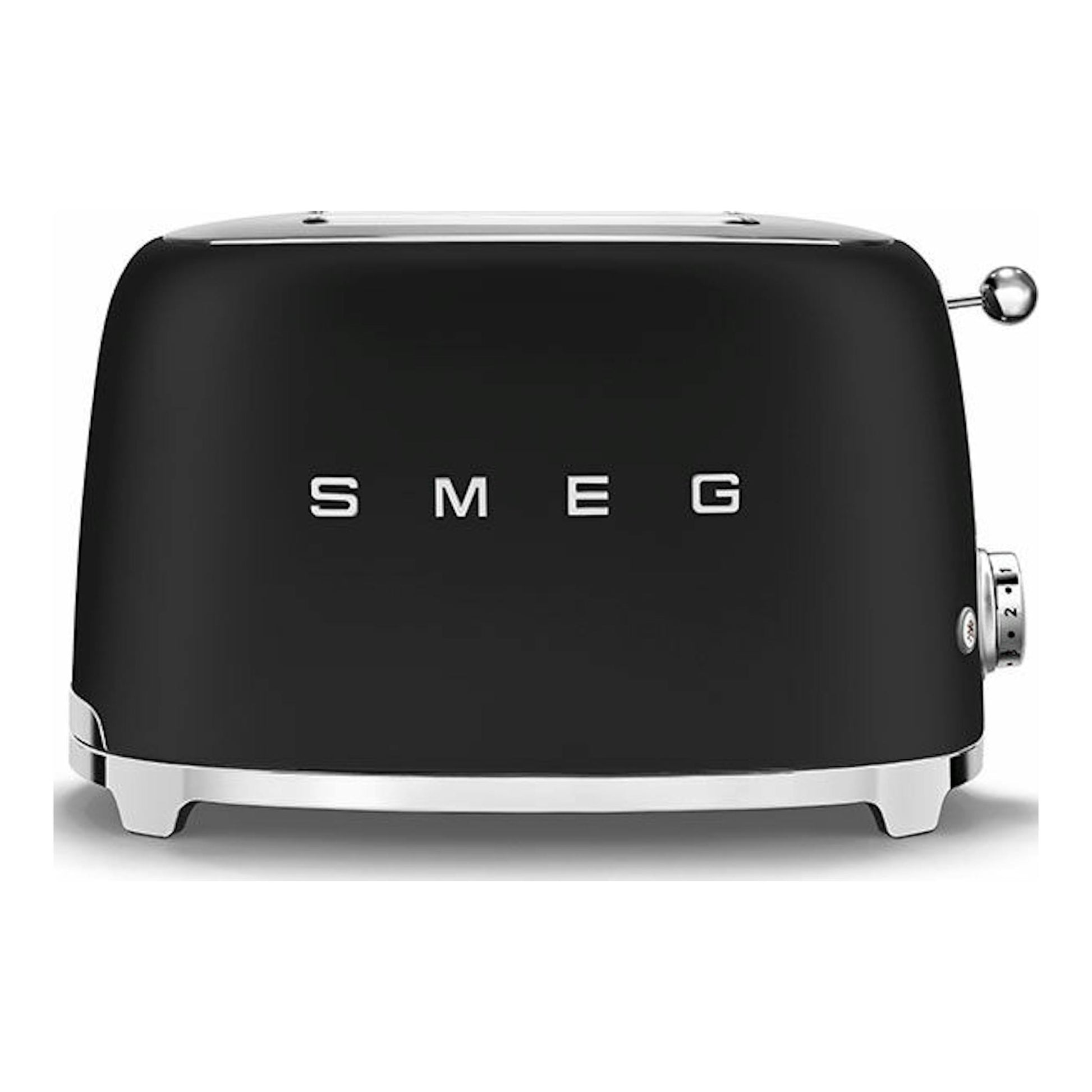 Tostador Smeg TSF01BLMEU negro mate, vista frontal, con detalles cromados sobre fondo blanco.