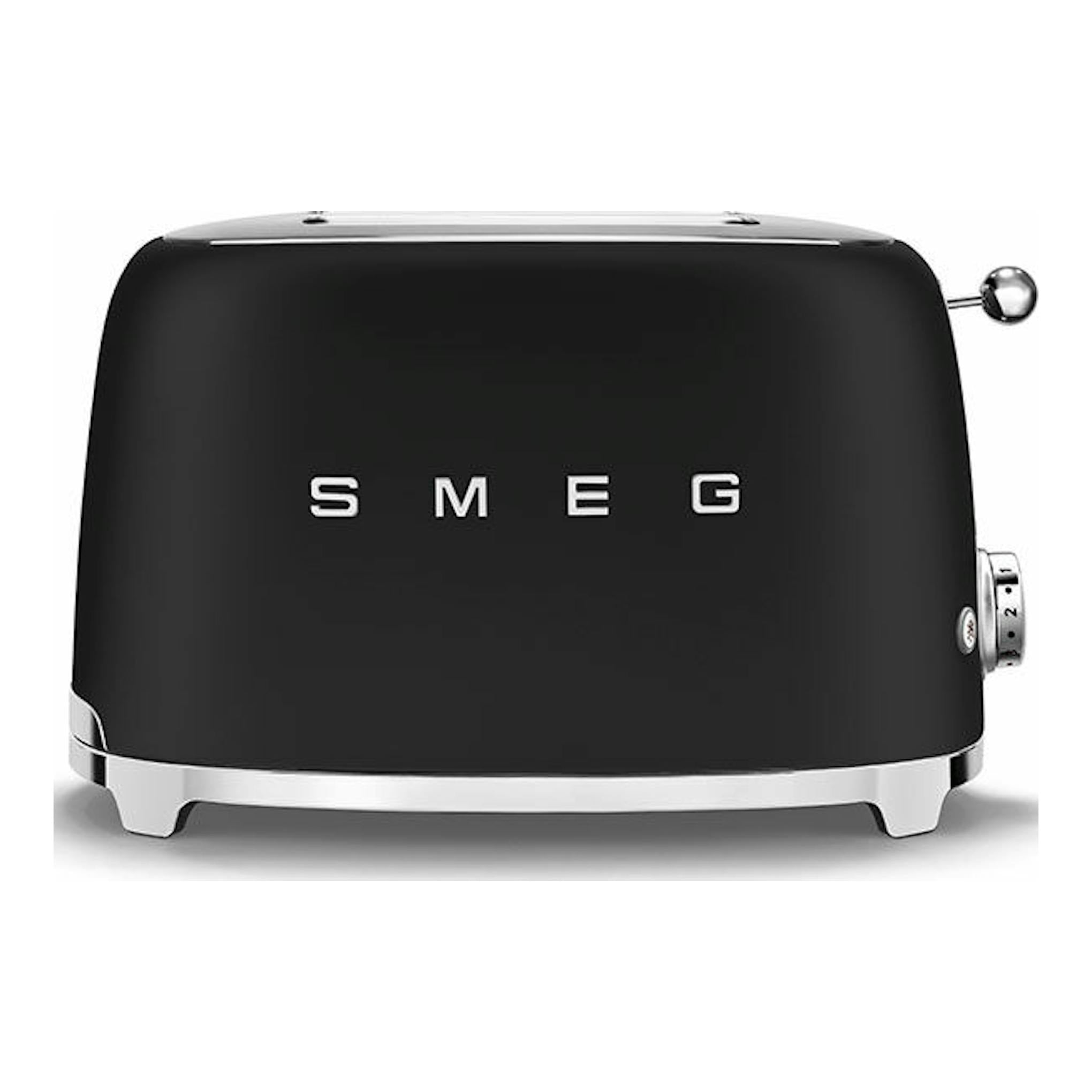 Tostador Smeg TSF01BLMEU negro mate, vista frontal, con detalles cromados sobre fondo blanco.