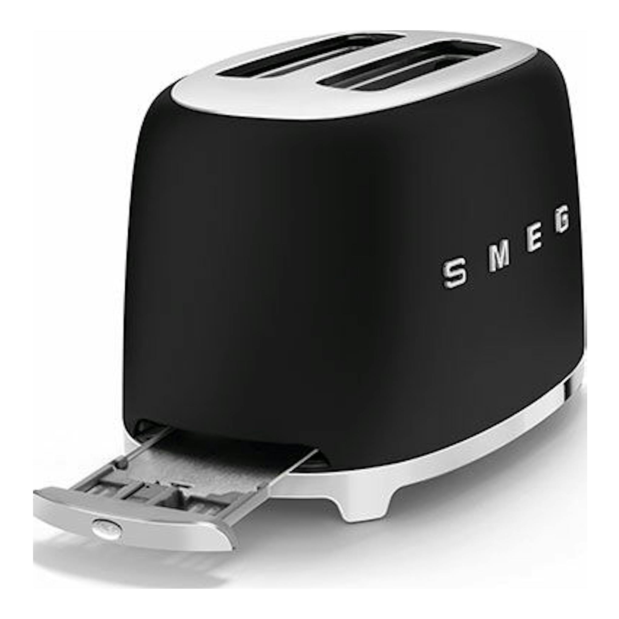 Tostador Smeg TSF01BLMEU negro mate, vista frontal lateral con dos ranuras y bandeja extraíble abierta.