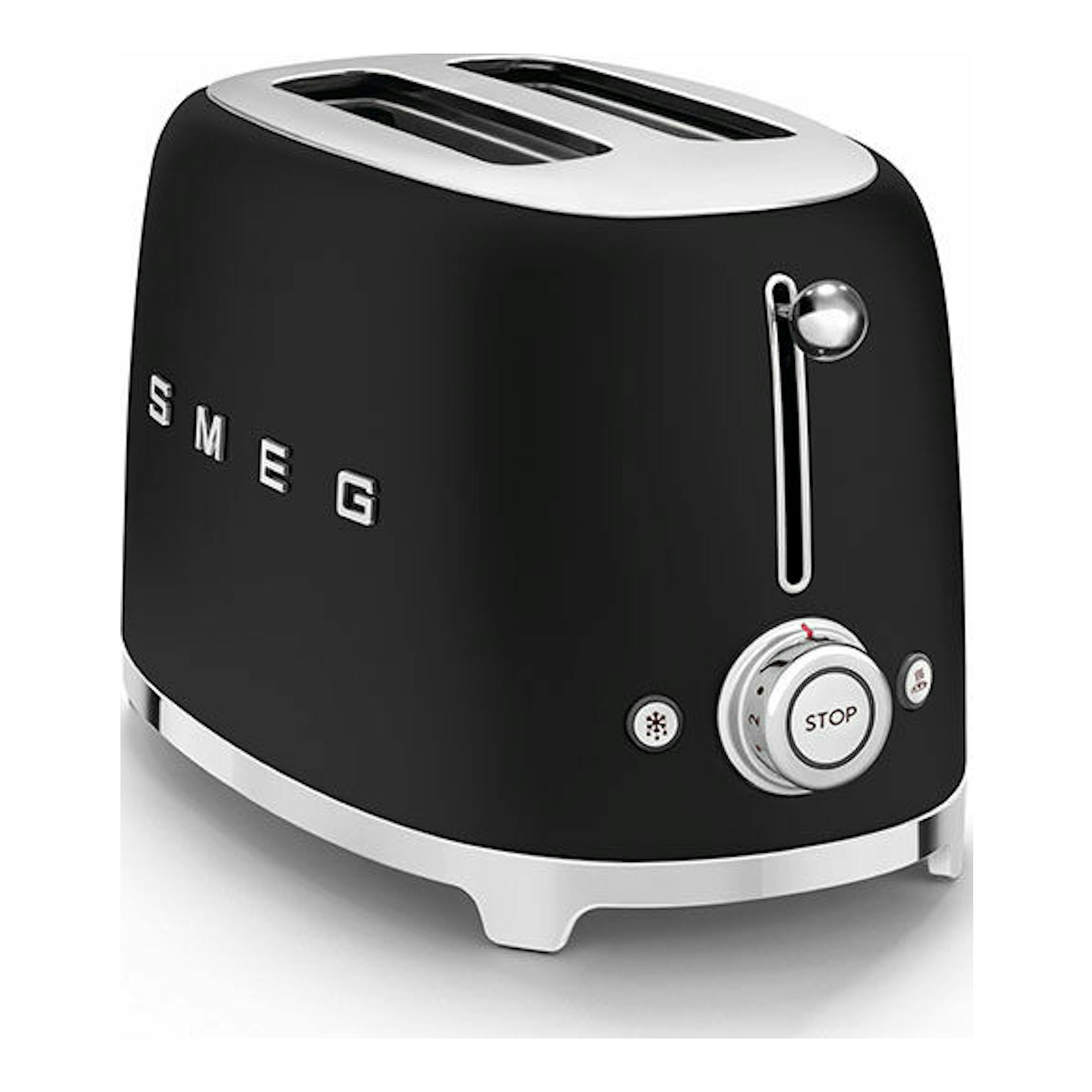 Tostador Smeg TSF01BLMEU negro mate, vista frontal en ángulo, con dos ranuras y controles plateados.