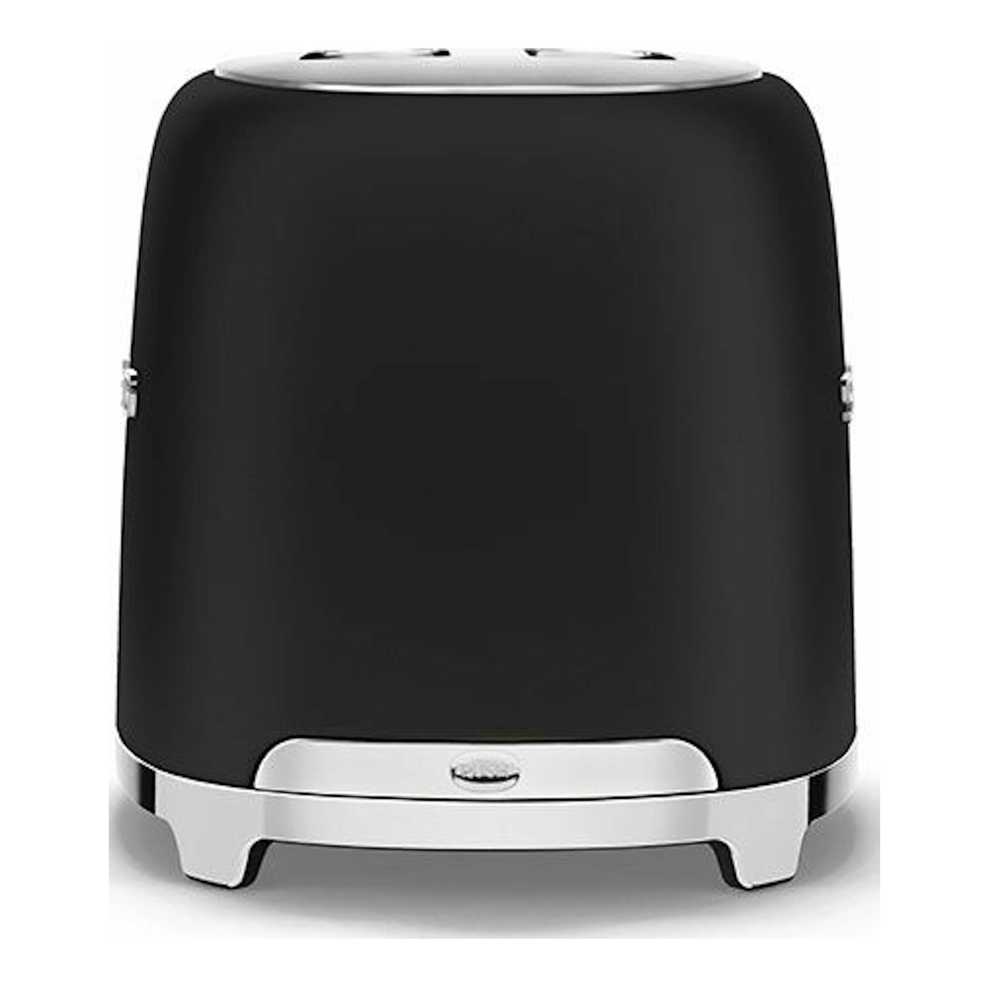 Tostador Smeg TSF01BLMEU negro mate, vista frontal, con detalles cromados, sobre fondo blanco.