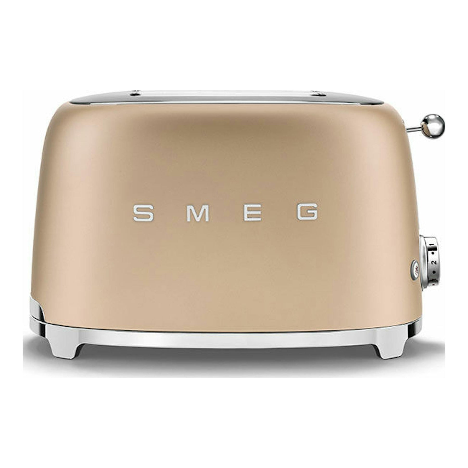 Tostador Smeg TSF01CHMEU oro mate, vista frontal, con acabados cromados.