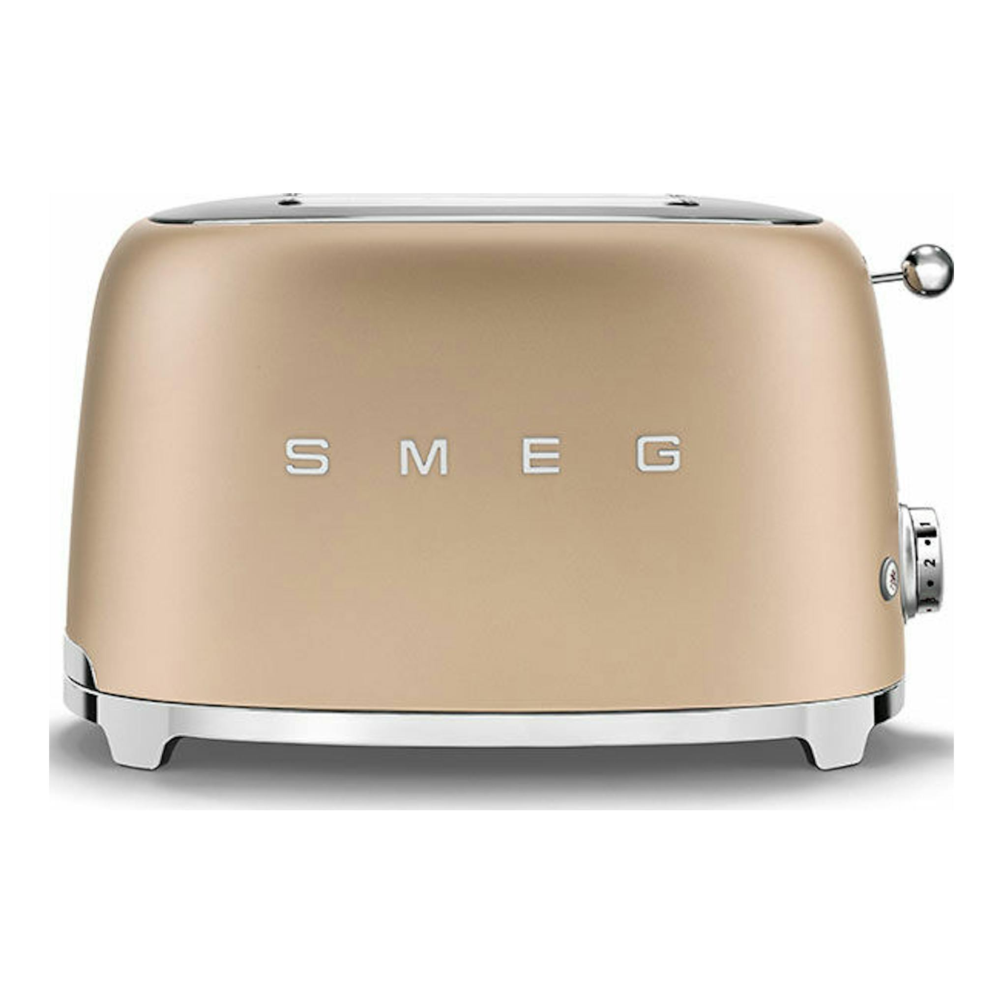Tostador Smeg TSF01CHMEU oro mate, vista frontal, con acabados cromados.