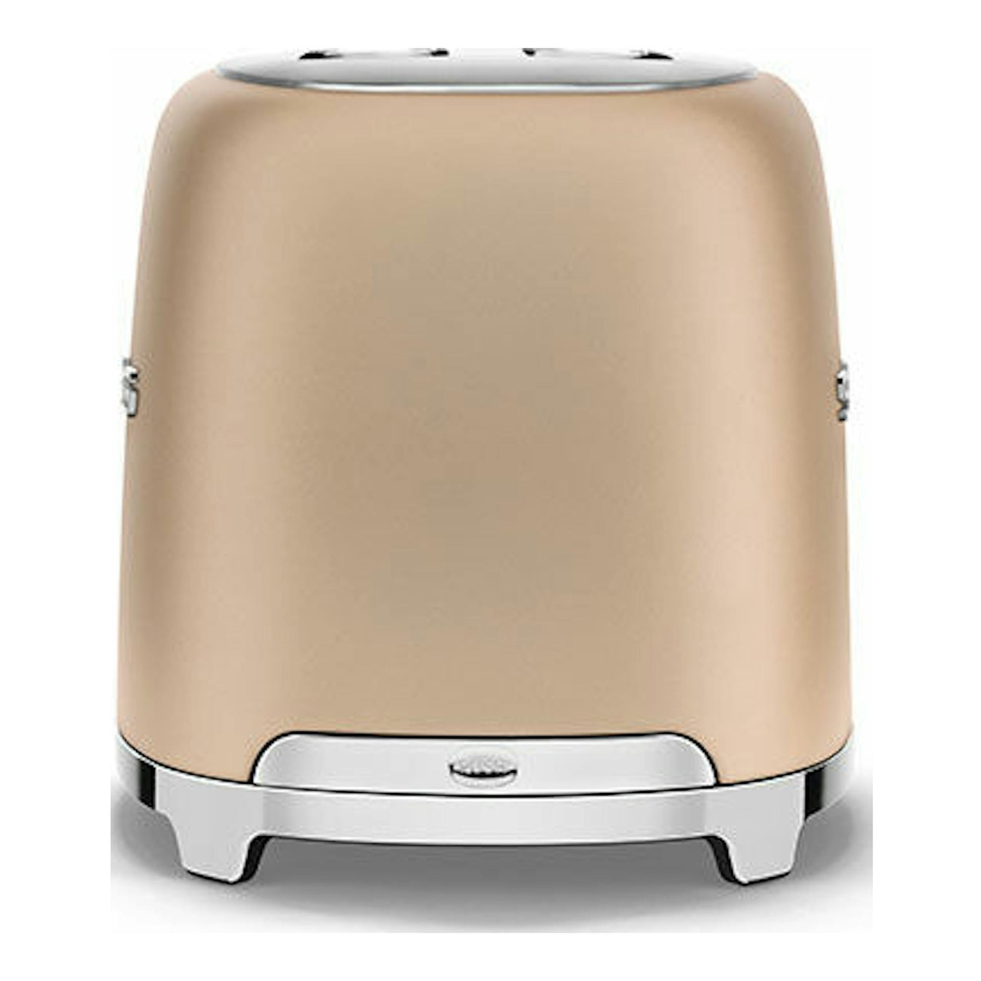 Tostador Smeg TSF01CHMEU oro mate, vista frontal, cuerpo beige dorado y base cromada sobre fondo blanco.