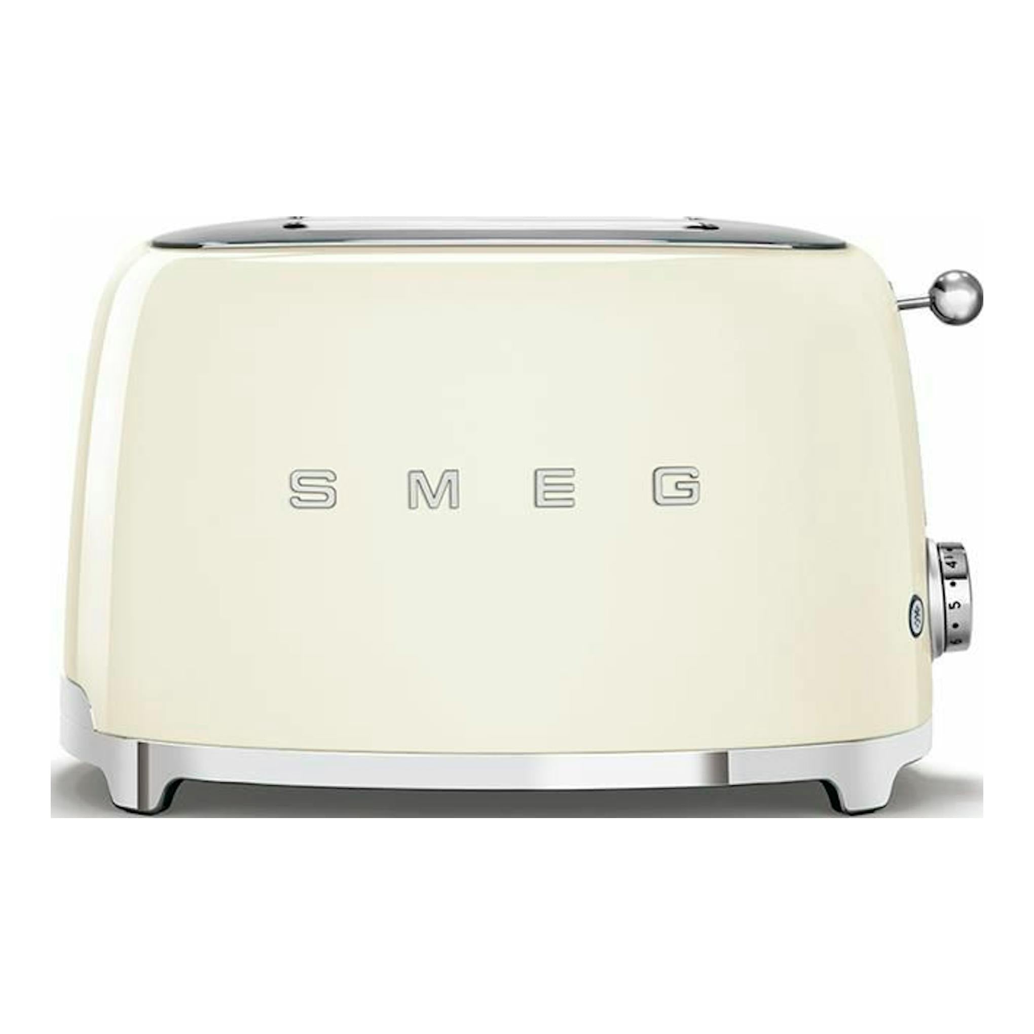 Tostador Smeg TSF01CREU crema, vista frontal, con acabado metálico y selector lateral.