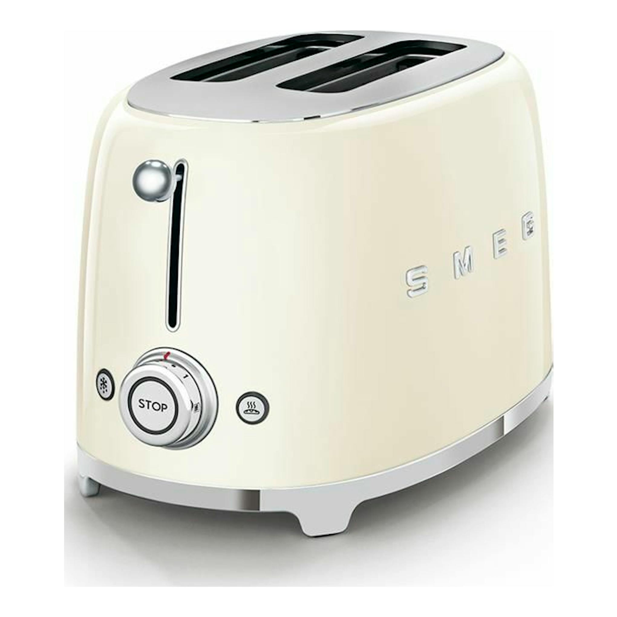 Tostador Smeg TSF01CREU color crema, vista 3/4 frontal, con dos ranuras y mandos plateados.