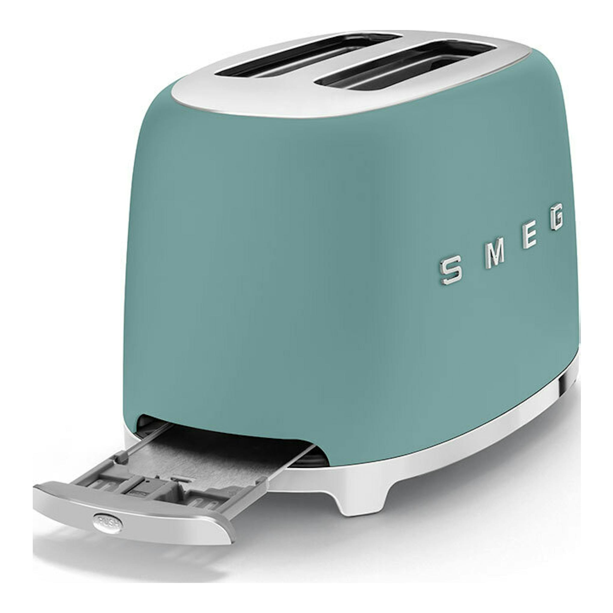 Tostador Smeg TSF01EGMEU verde esmeralda, vista en 3/4, con dos ranuras y bandeja inferior extraída.
