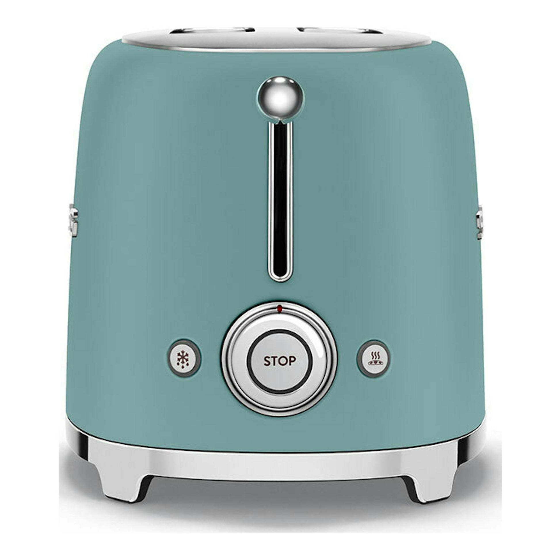 Tostador Smeg TSF01EGMEU verde esmeralda, vista frontal, con detalles cromados.