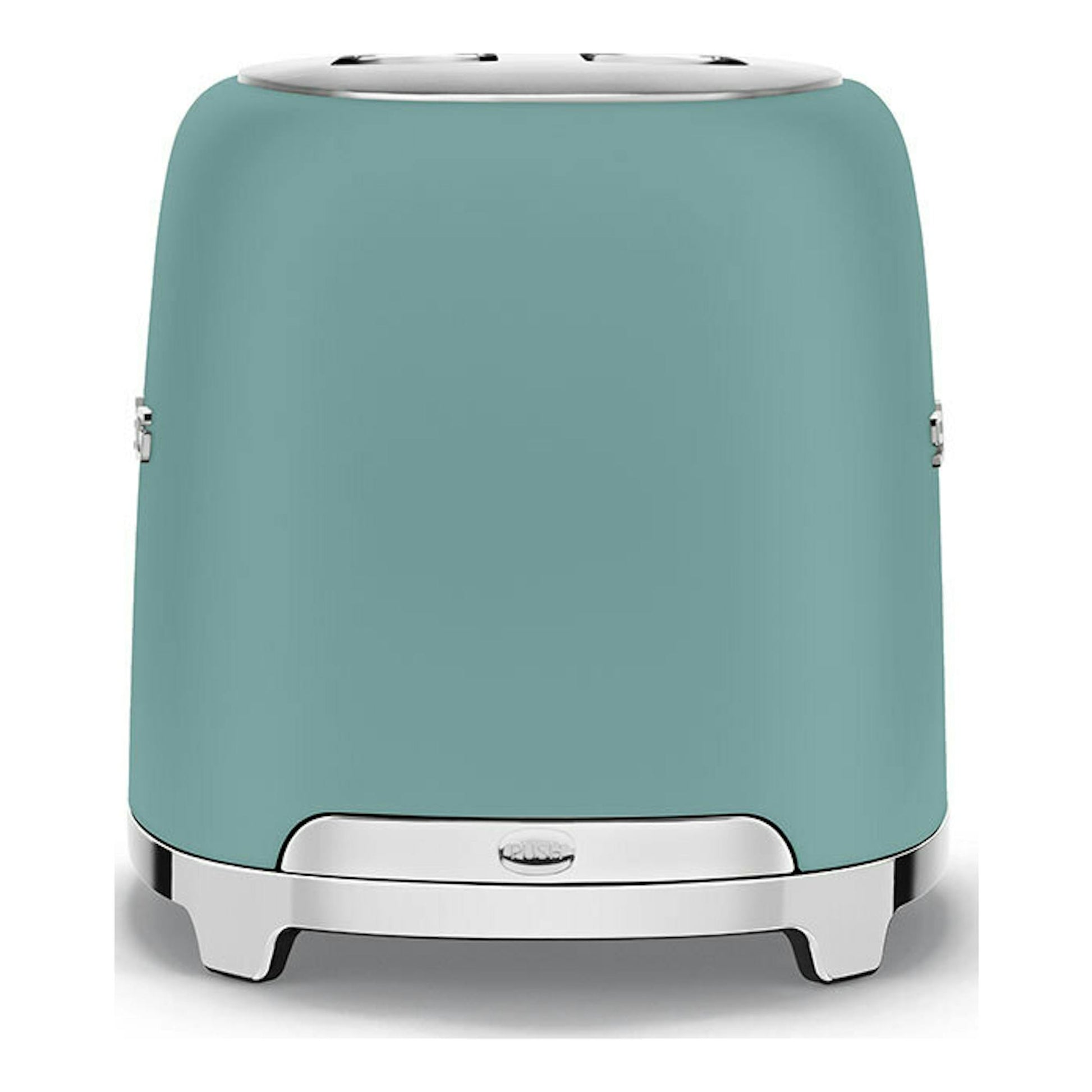 Tostador Smeg TSF01EGMEU verde esmeralda, vista frontal, con acabado cromado y fondo blanco.