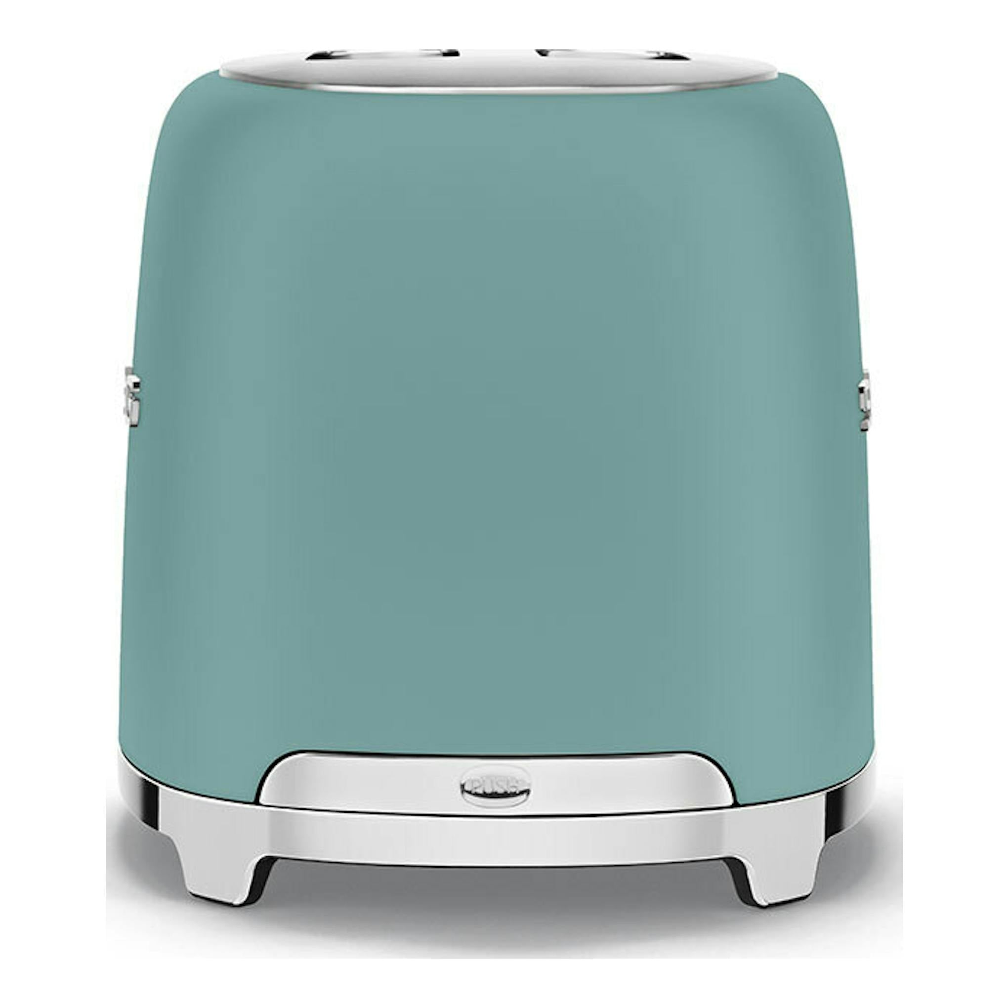 Tostador Smeg TSF01EGMEU verde esmeralda, vista frontal, con acabado cromado y fondo blanco.