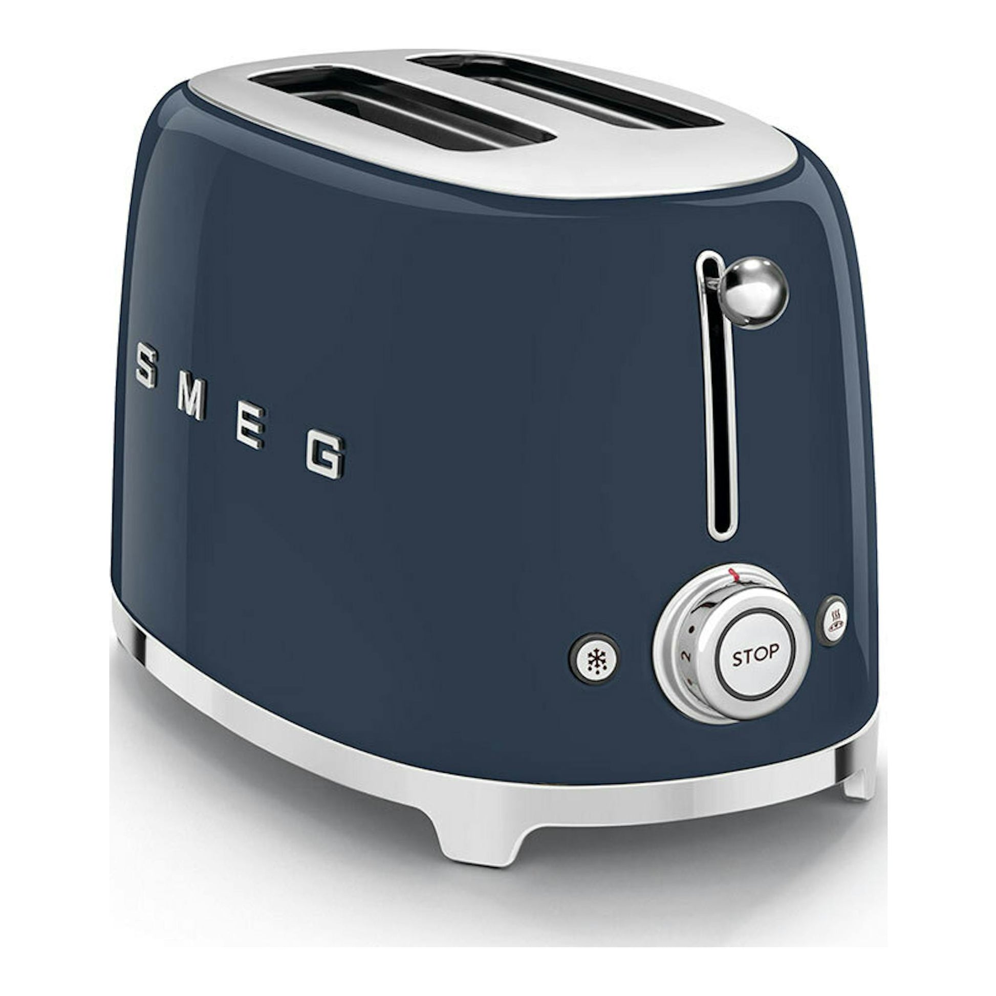 Tostador Smeg TSF01NBEU azul marino, vista en tres cuartos, con dos ranuras y controles frontales.
