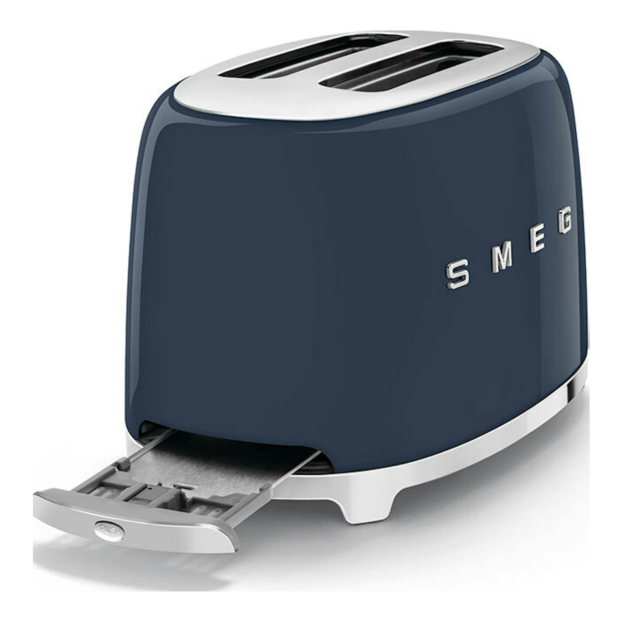 Tostador Smeg TSF01NBEU azul marino, vista frontal izquierda, con dos ranuras y bandeja recogemigas extraída.