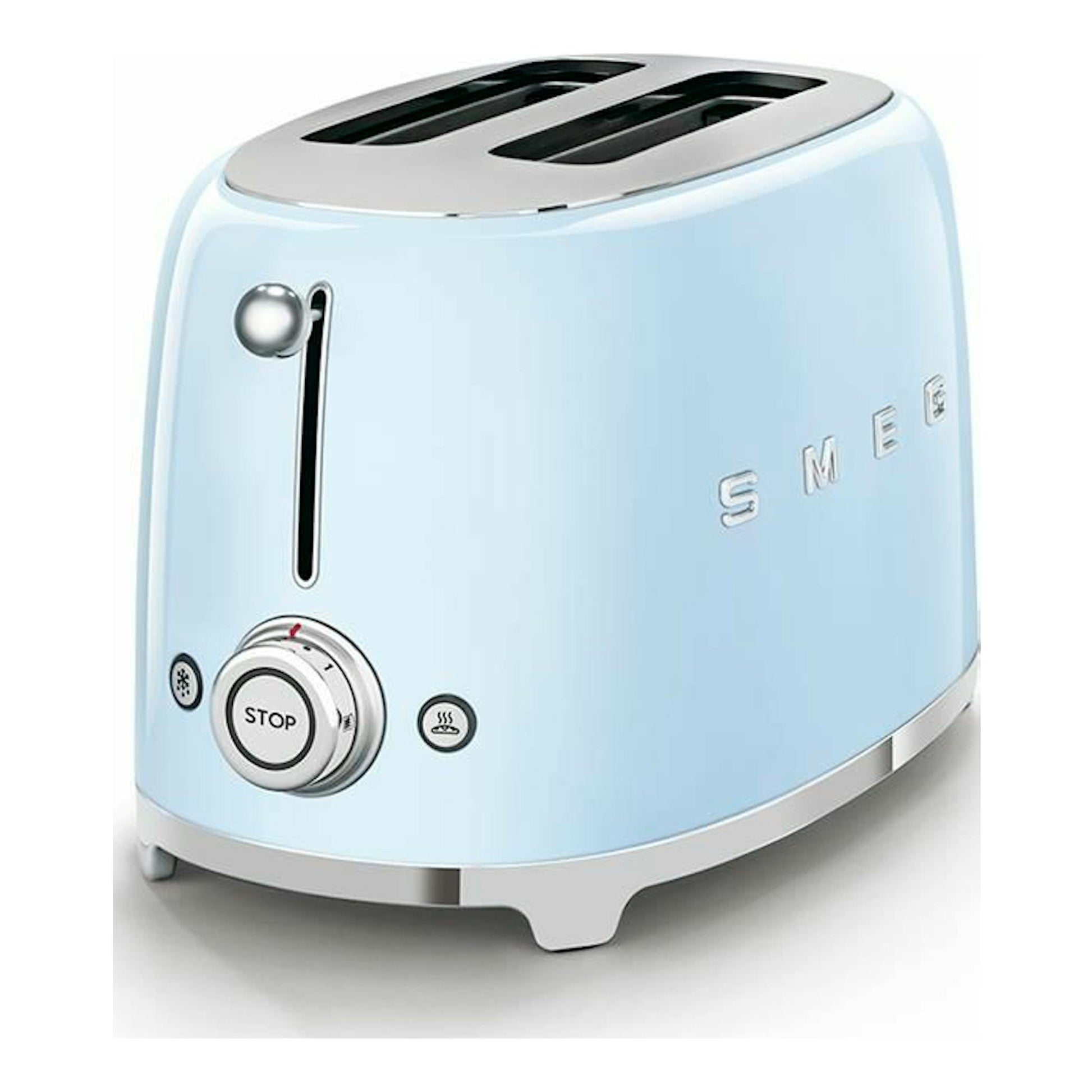 Tostador Smeg TSF01PBEU azul celeste, vista frontal izquierda, con dos ranuras y controles plateados.