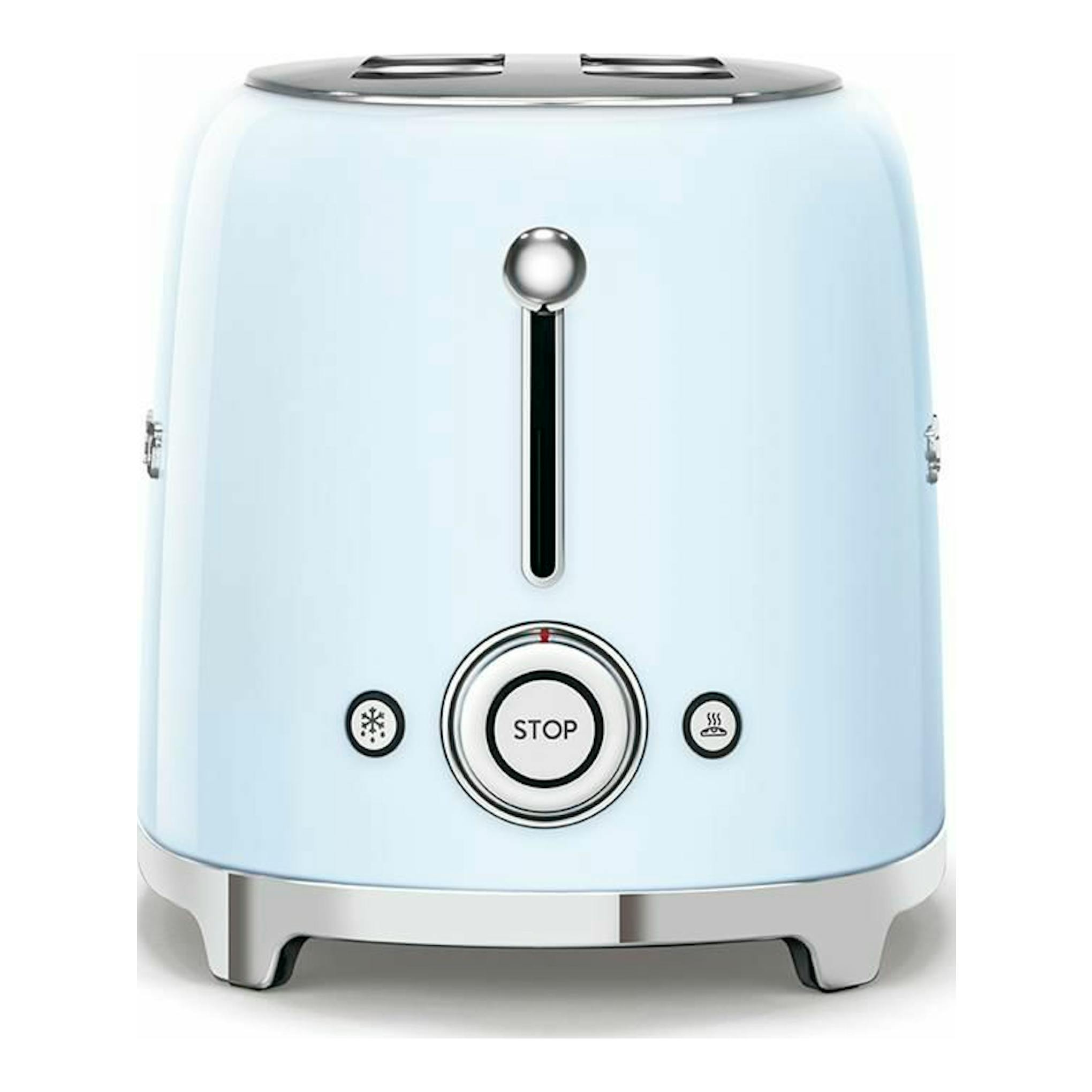 Tostador Smeg TSF01PBEU azul celeste, vista frontal, con acabado cromado y botones en el frontal.