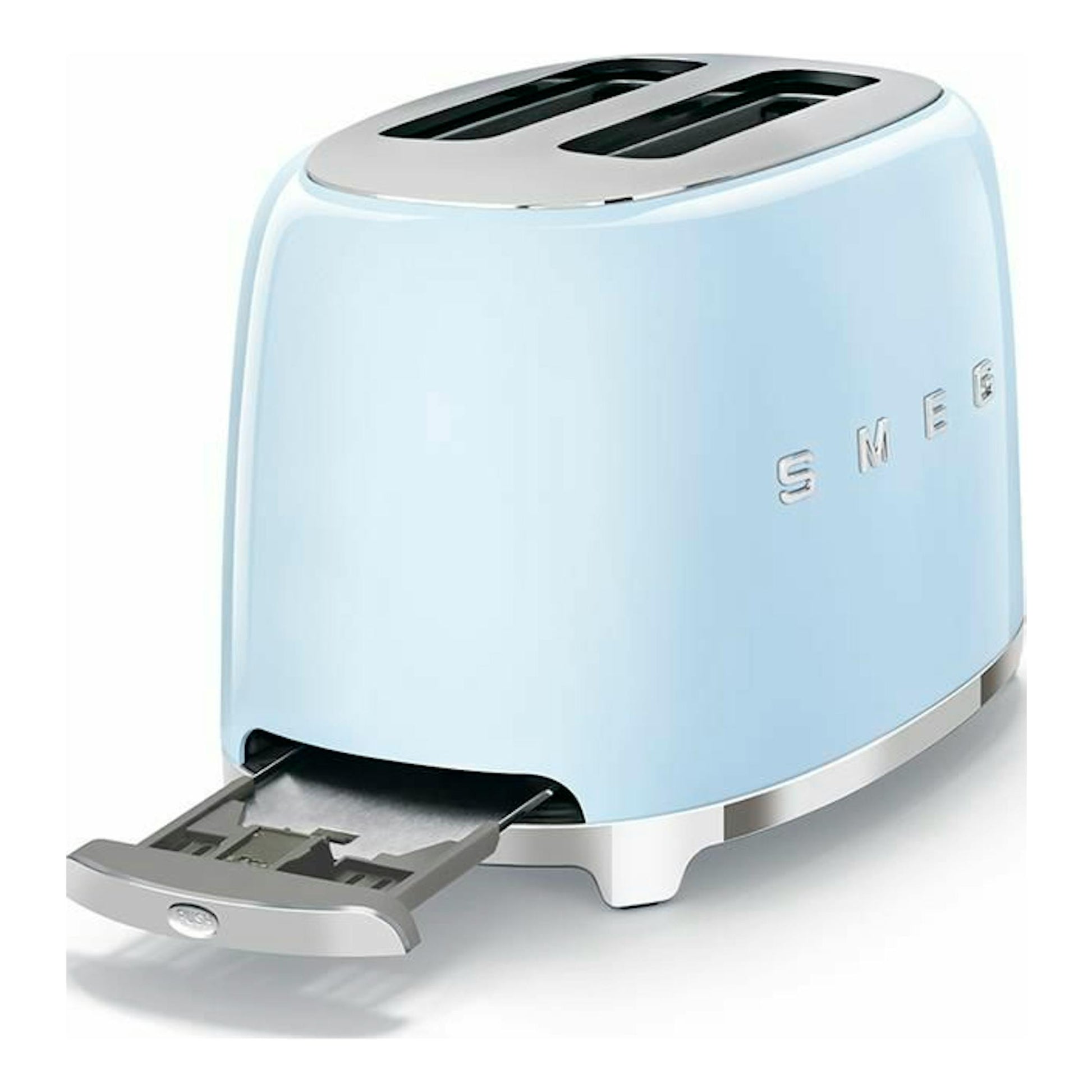 Tostador Smeg TSF01PBEU azul celeste, vista frontal lateral, con dos ranuras y bandeja extraíble.