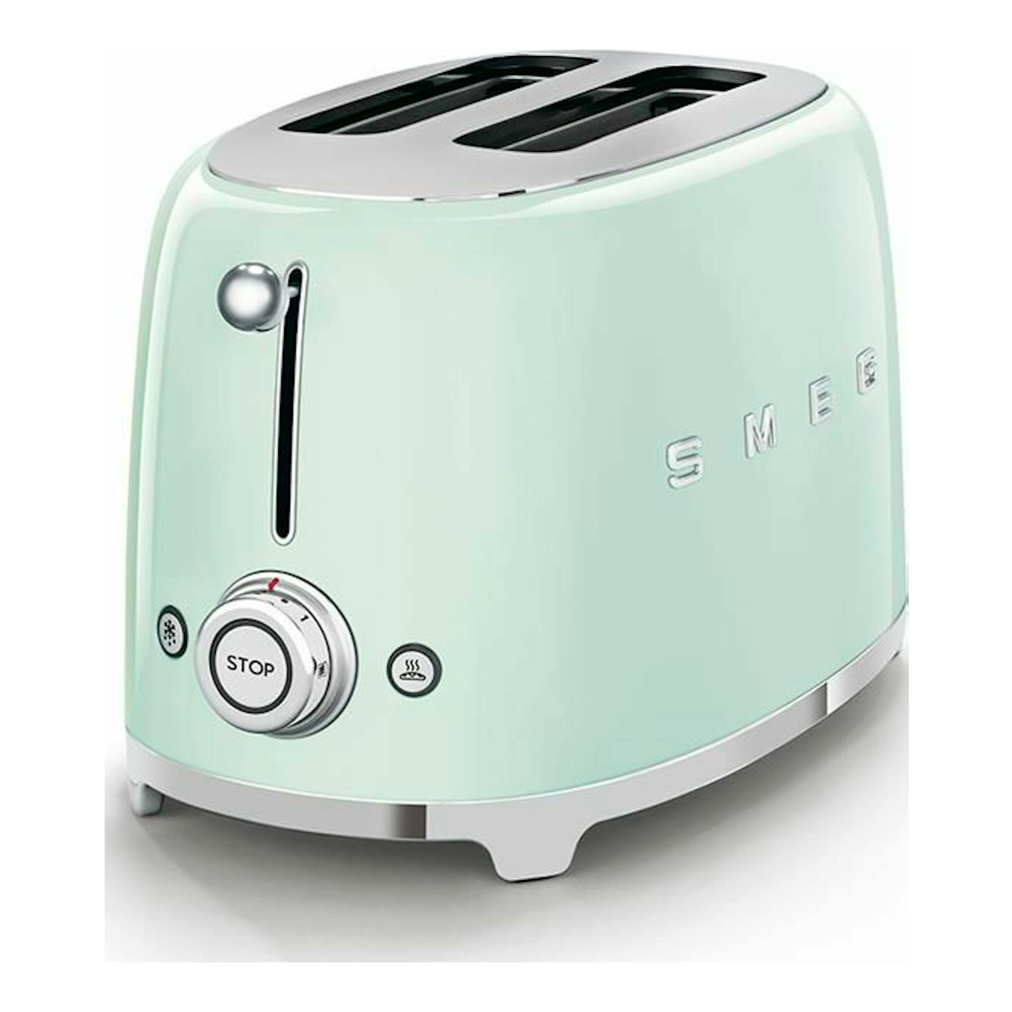 Tostador Smeg TSF01PGEU verde claro, vista frontal en ángulo, con dos ranuras y controles cromados.