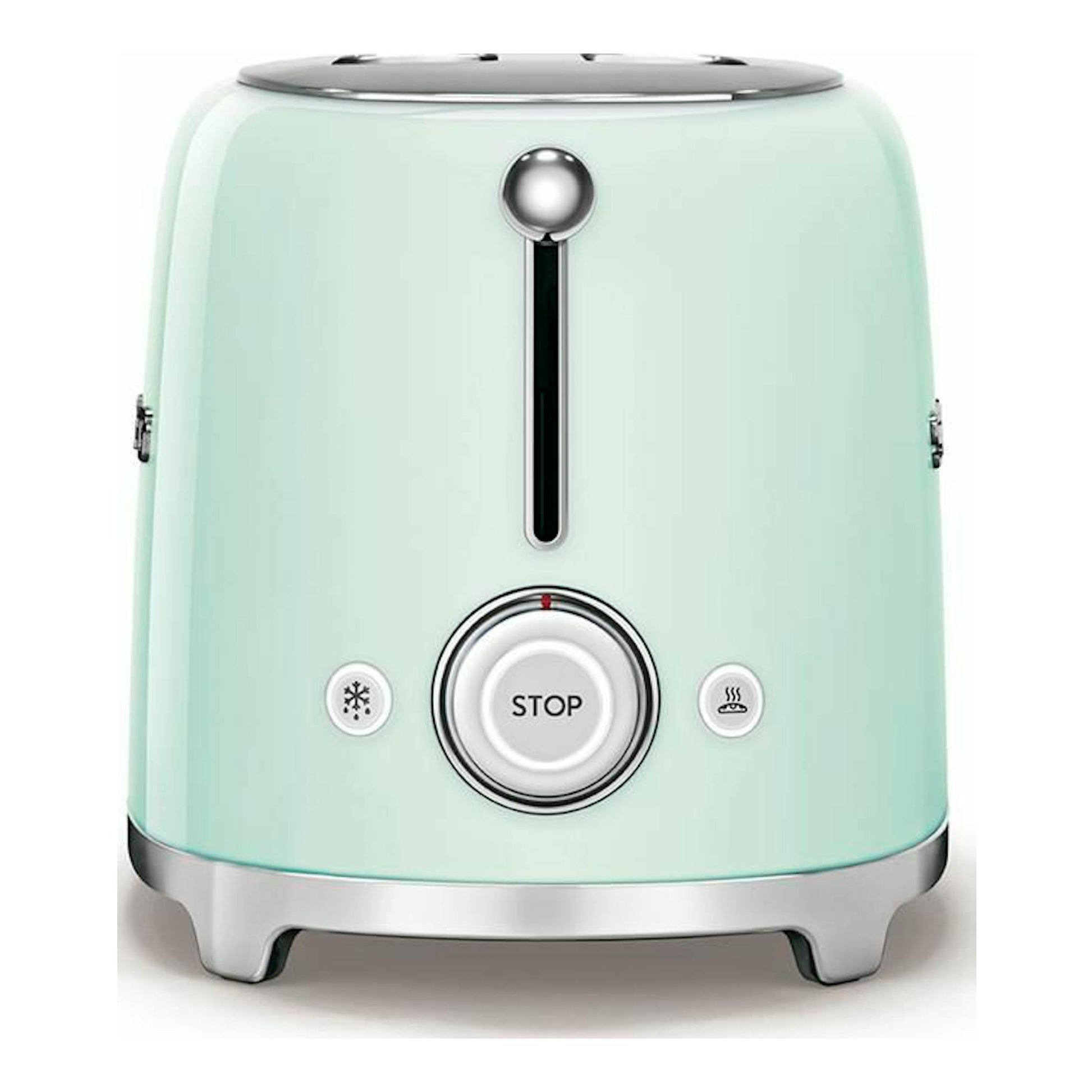Tostador Smeg TSF01PGEU verde claro, vista frontal, con detalles cromados y botón STOP.