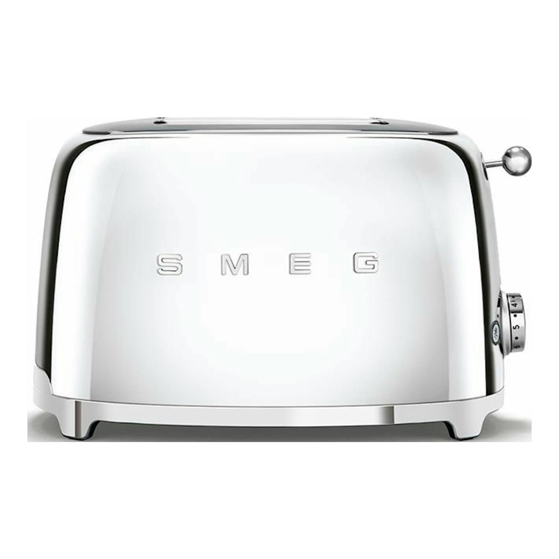 Tostador Smeg TSF01SSEU cromado, vista frontal, con palanca lateral y selector de tueste.