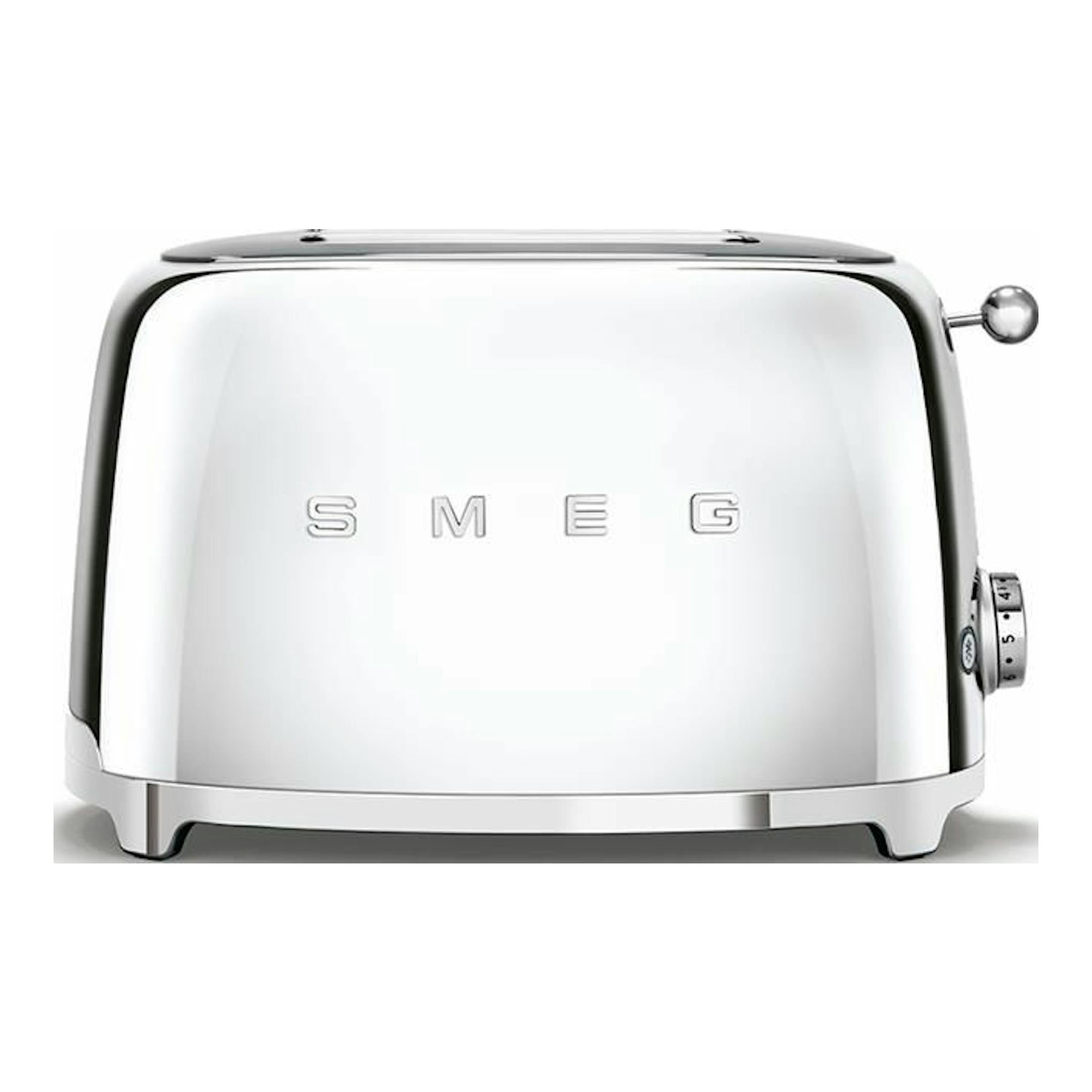 Tostador Smeg TSF01SSEU cromado, vista frontal, con palanca lateral y selector de tueste.